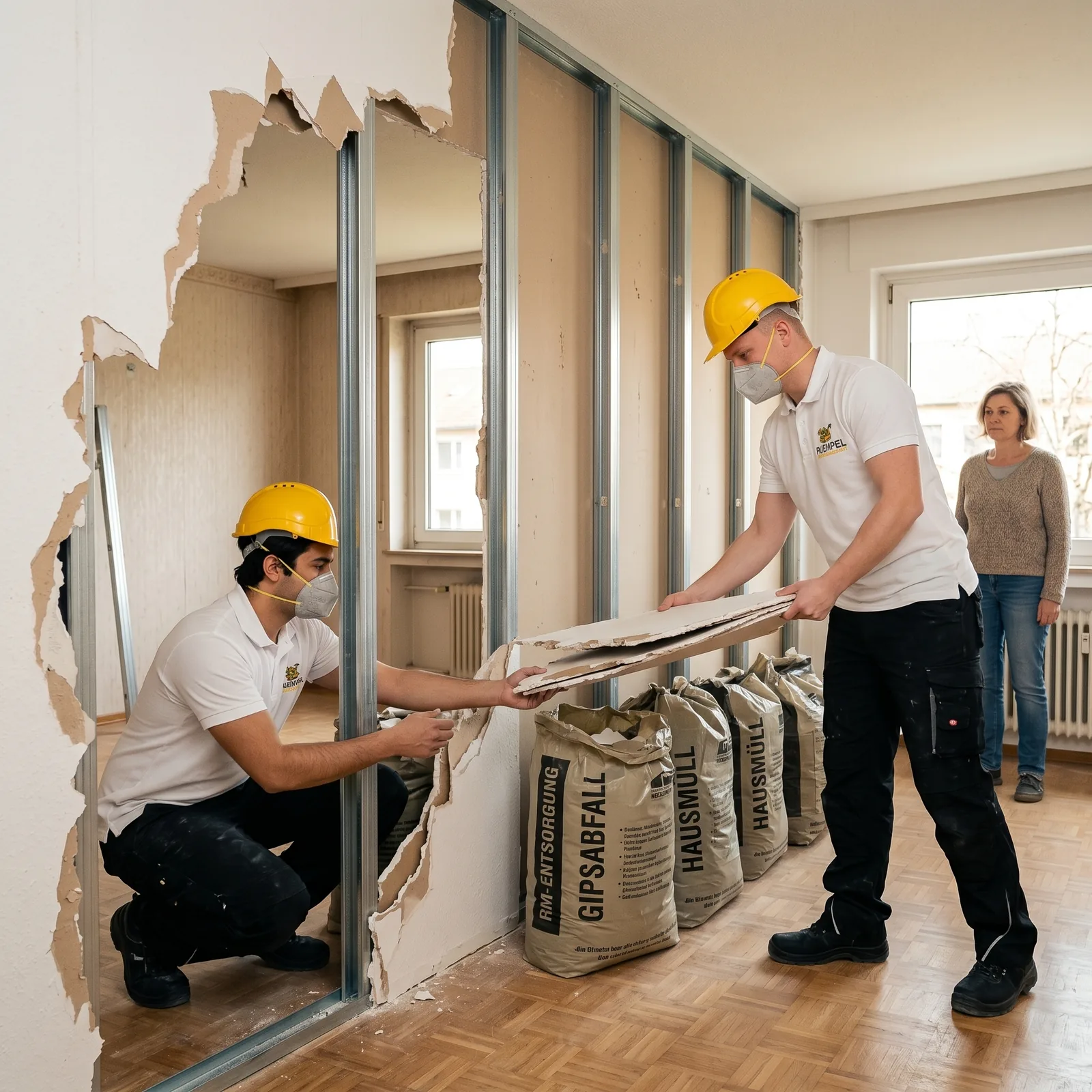 Rückbau einer Trockenbauwand durch das Team auf der Baustelle in NRW, KI-generiertes Symbolbild