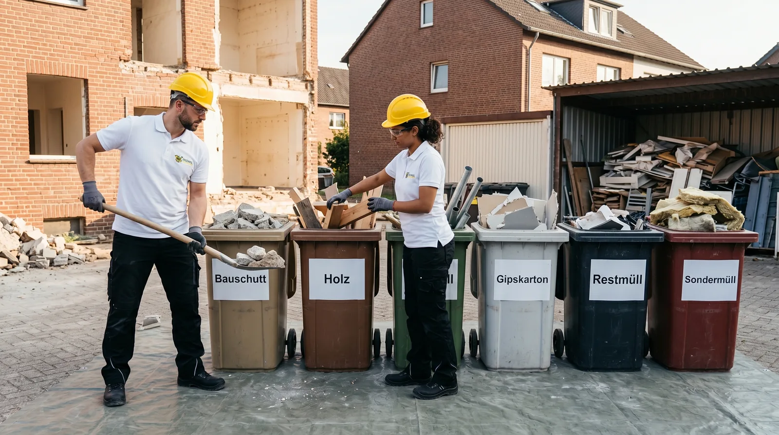Mülltrennung von Abbruchabfällen in Bauschutt, Holz und Sondermüll in NRW, KI-generiertes Symbolbild