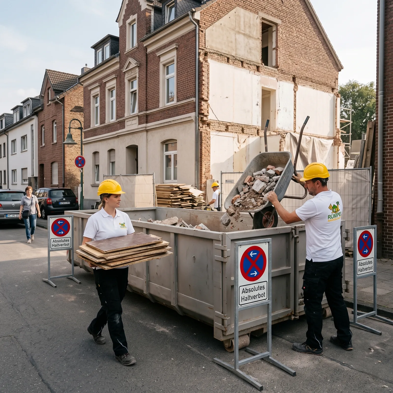 Befüllen eines Abrollcontainers mit Bauschutt zur Entsorgung in NRW, KI-generiertes Symbolbild