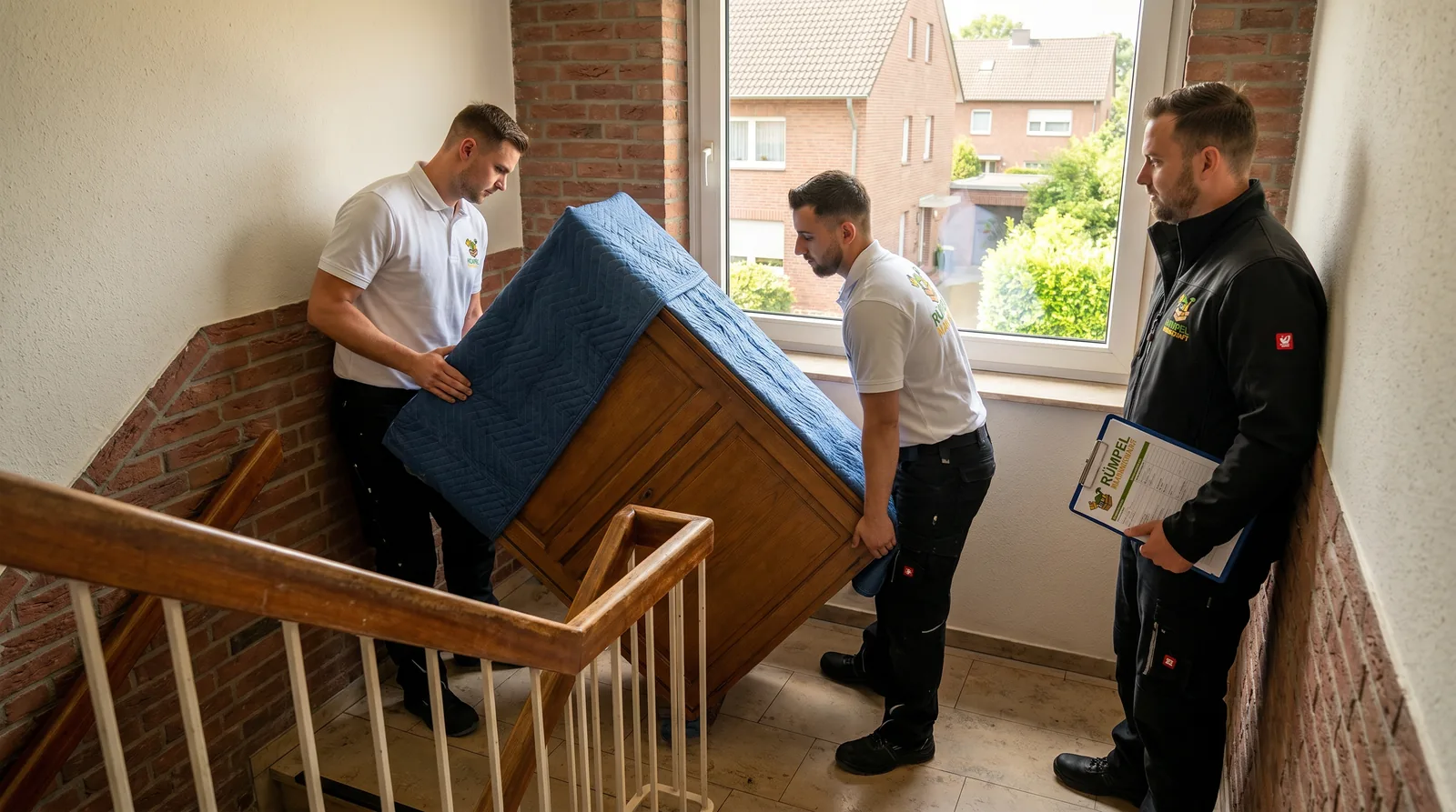 Eingespieltes Team trägt Möbel über das Treppenhaus bei der Entrümpelung in Korschenbroich