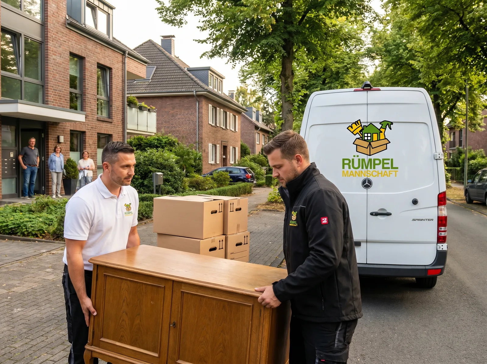 Sicherer Transport schwerer Möbel über die Treppe bei der Entrümpelung in Meerbusch