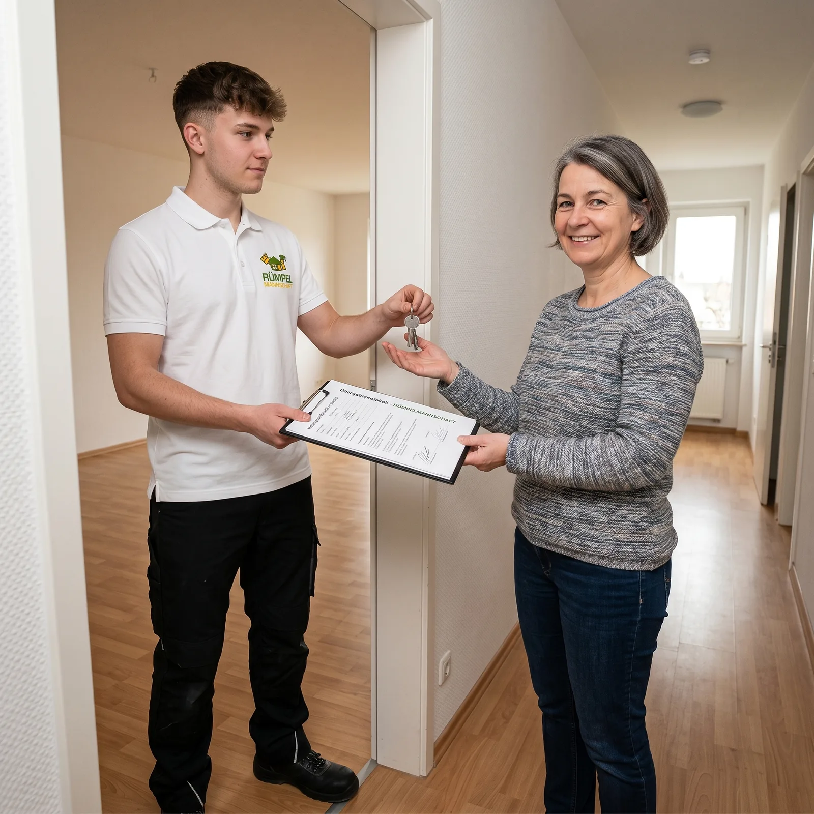 Besenreine Übergabe der leeren Wohnung mit Inspektions-Klemmbrett in NRW, KI-generiertes Symbolbild