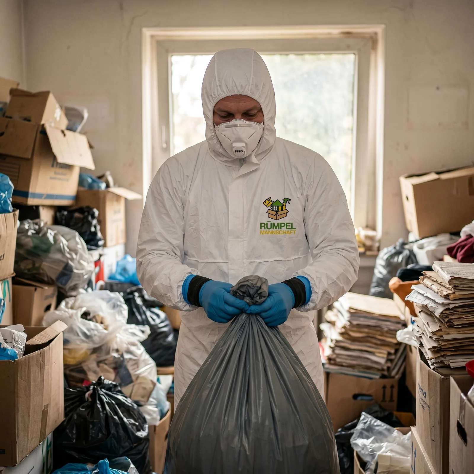 Mitarbeiter im Vollschutz räumt eine vermüllte Messiewohnung in NRW, KI-generiertes Symbolbild