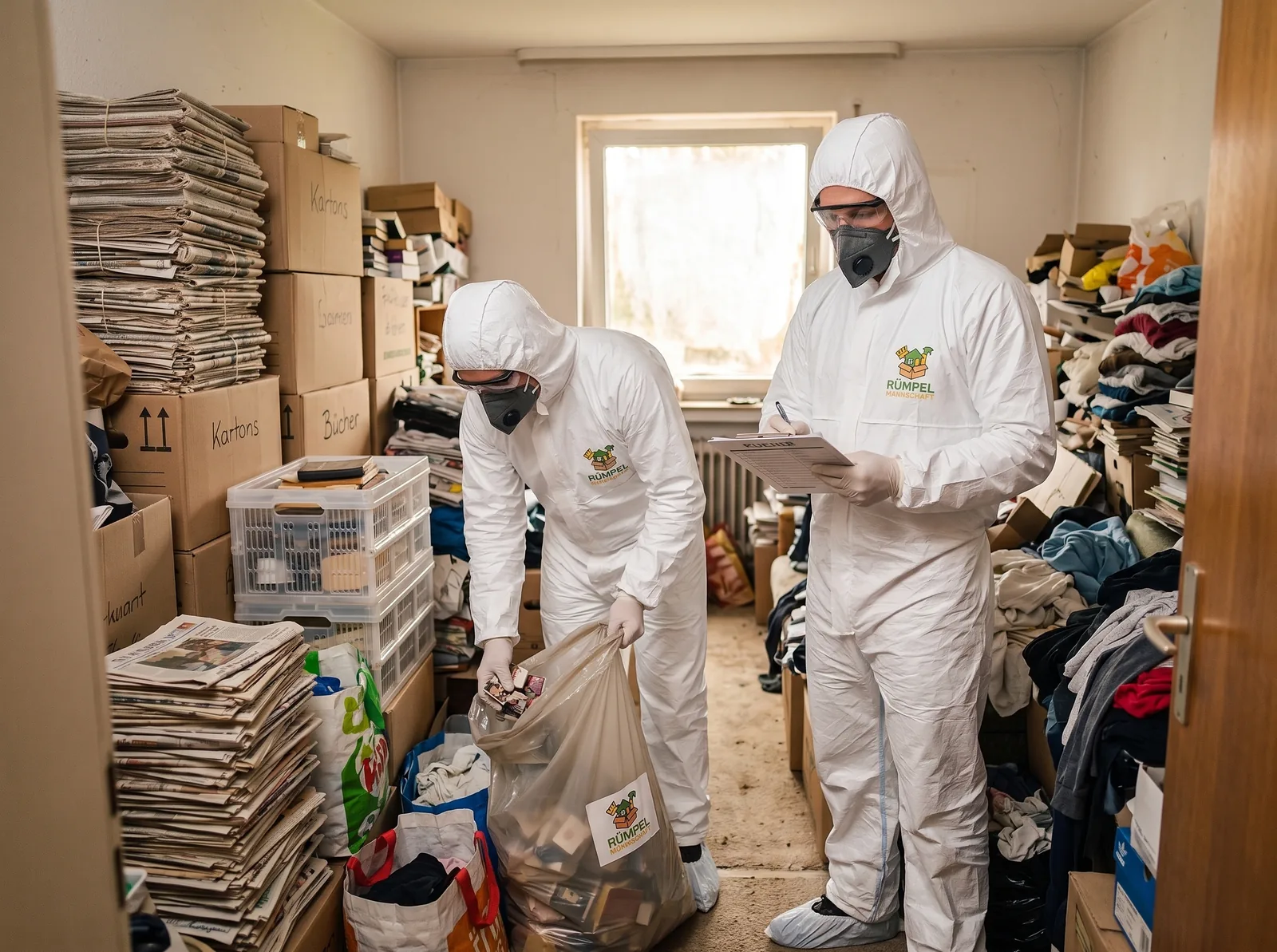 Zwei Mitarbeiter im Vollschutz räumen eine stark vermüllte Messiewohnung in NRW, KI-generiertes Symbolbild