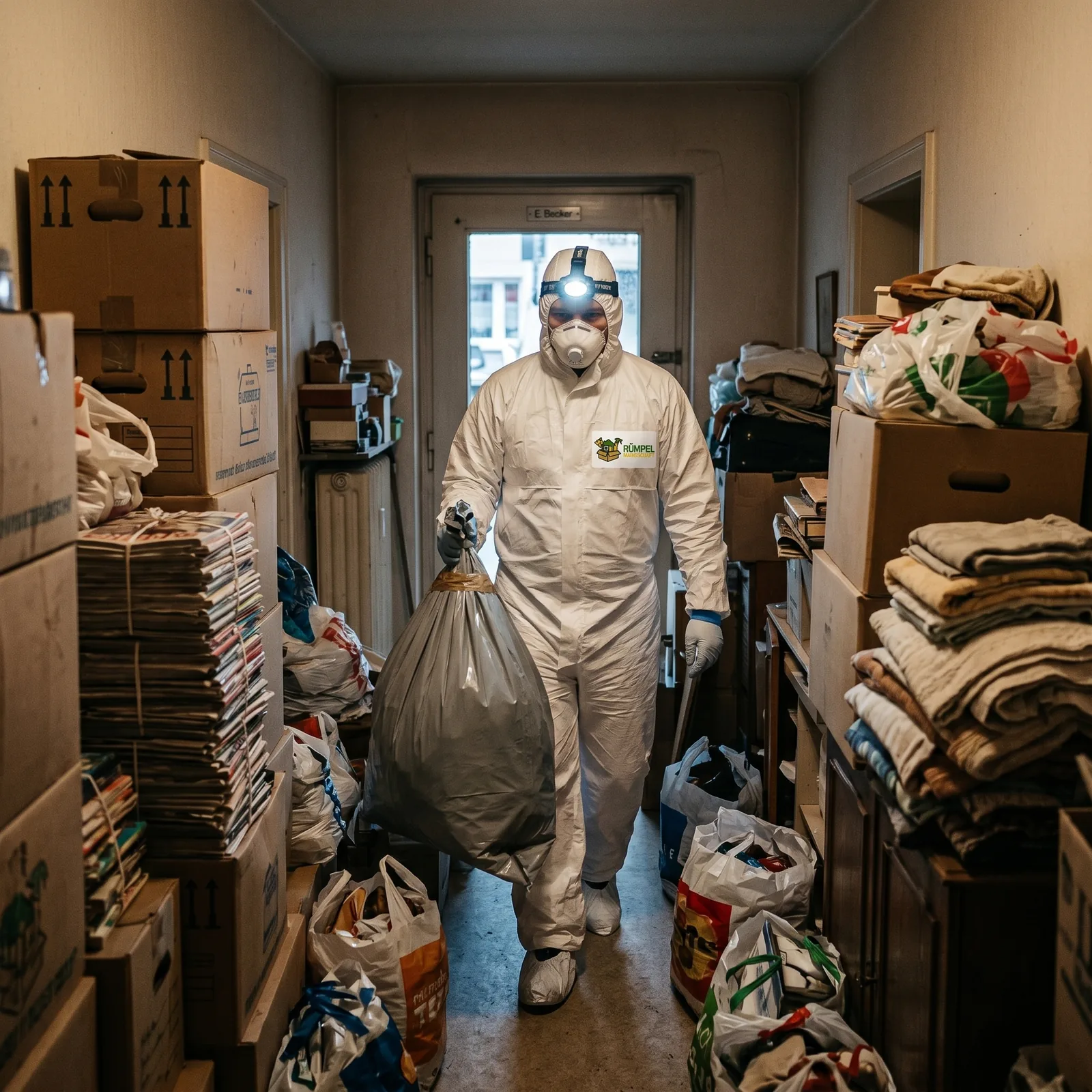Vor-Ort-Entrümpelung mit Absetzcontainer vor einem Einfamilienhaus in NRW, KI-generiertes Symbolbild