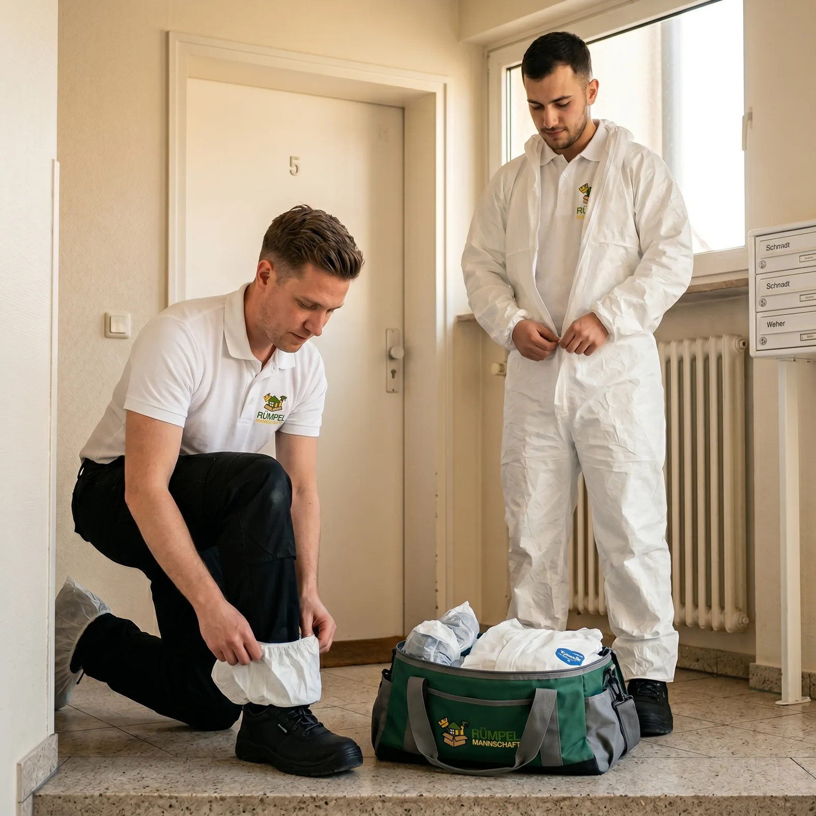 Team legt Schutzausrüstung für eine Messie-Entrümpelung in NRW an, KI-generiertes Symbolbild