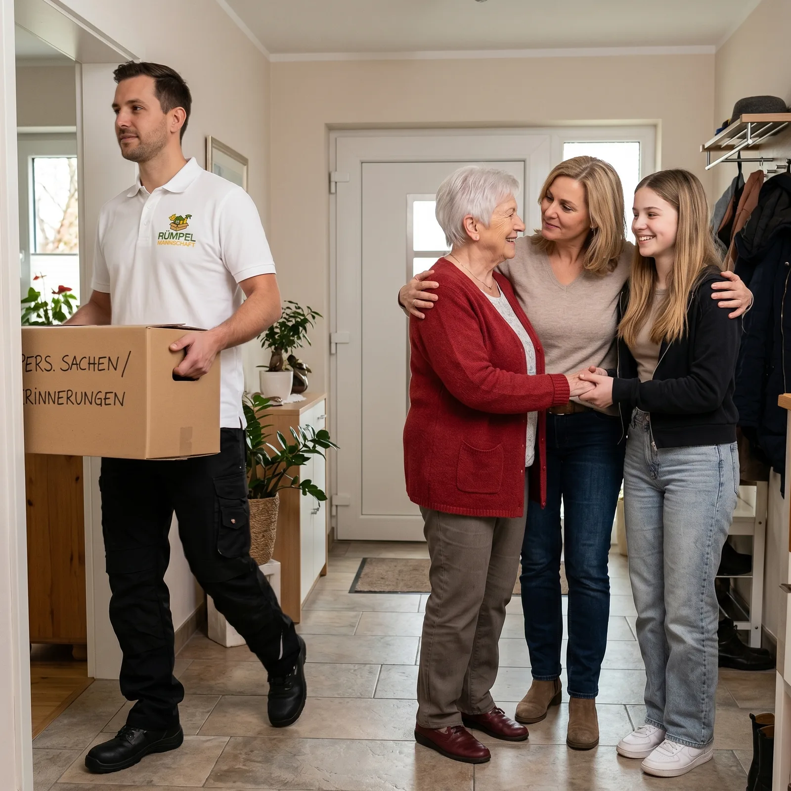 Seniorin wird von Tochter und Enkelin in der neuen Wohnung begrüßt, KI-generiertes Symbolbild