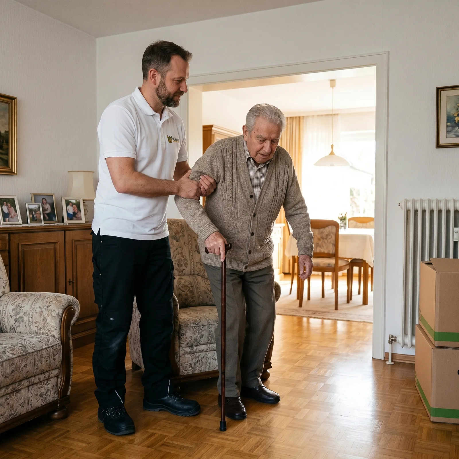 Mitarbeiter stützt Senior mit Gehstock beim Umzug in eine barrierefreie Wohnung, KI-generiertes Symbolbild