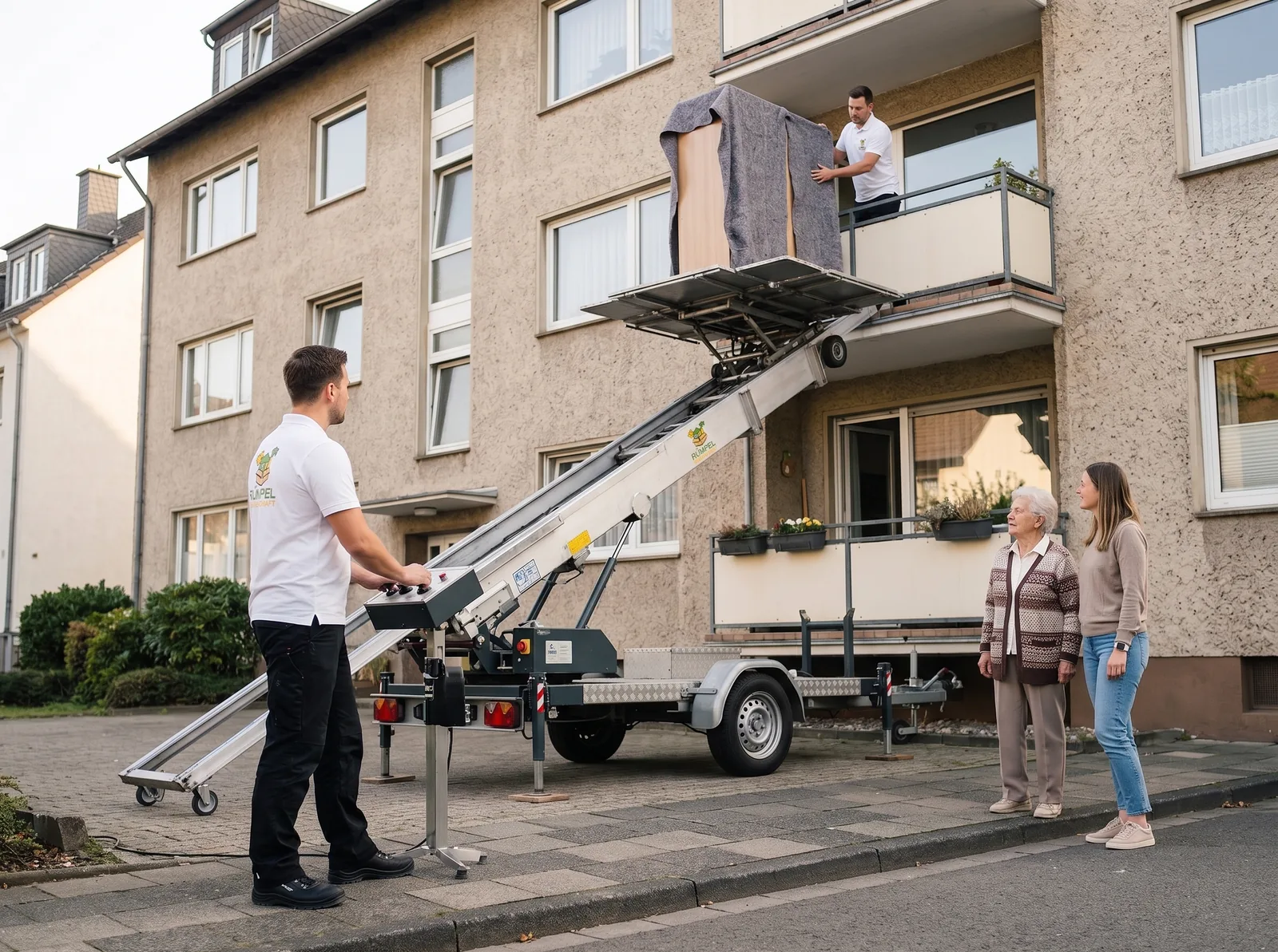 Vor-Ort-Entrümpelung mit Absetzcontainer vor einem Einfamilienhaus in NRW, KI-generiertes Symbolbild