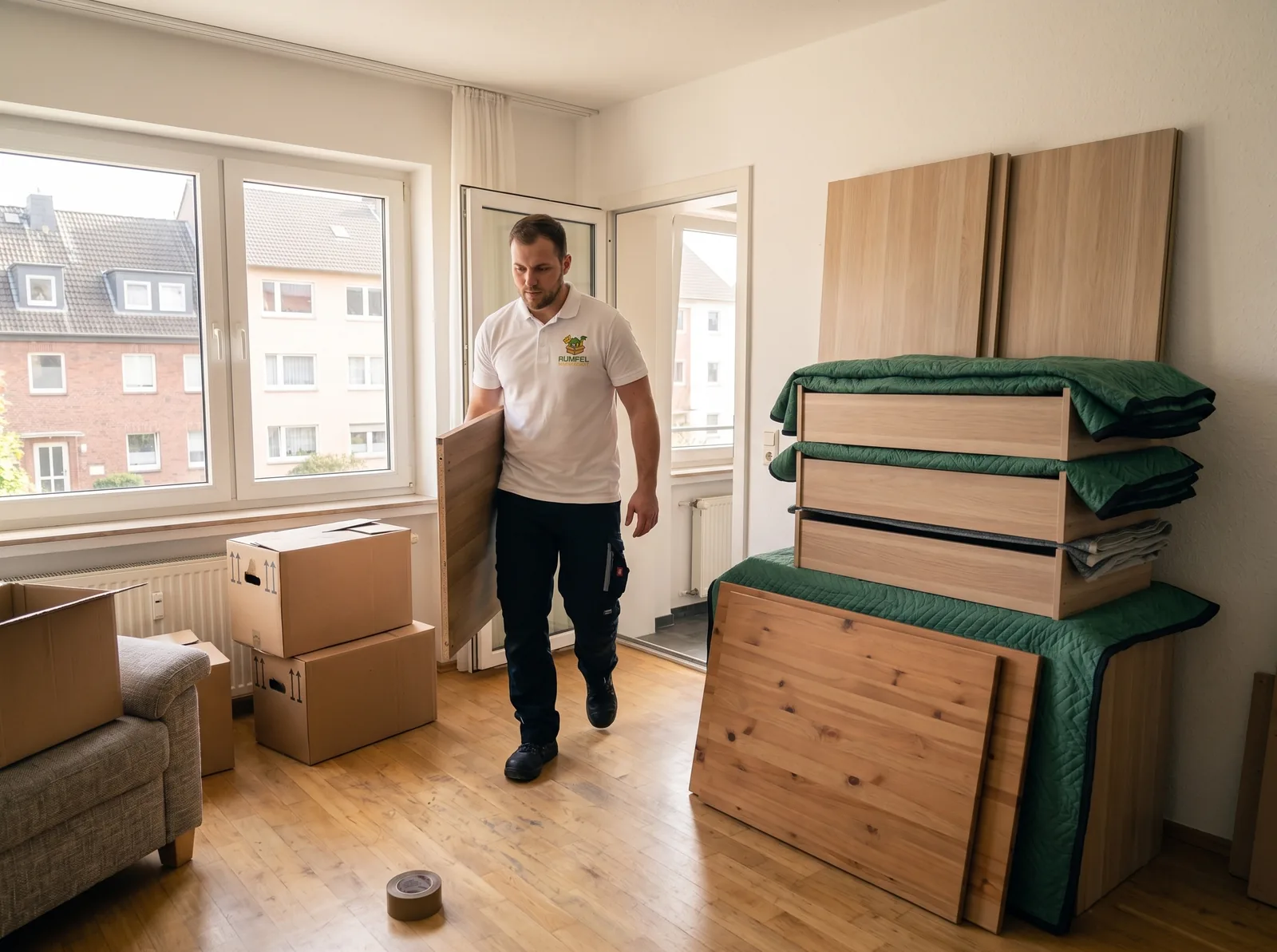 Vor-Ort-Entrümpelung mit Absetzcontainer vor einem Einfamilienhaus in NRW