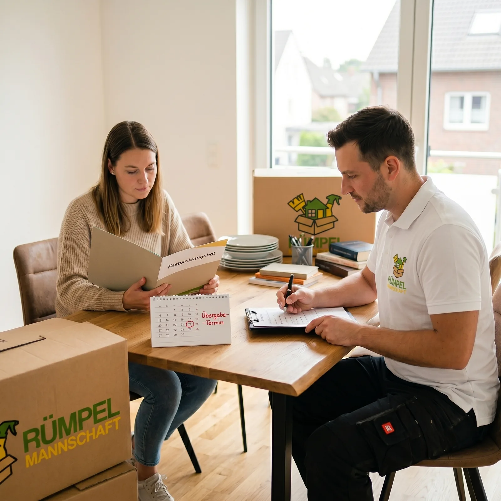Kundin prüft das Festpreisangebot und den Übergabetermin der Wohnungsauflösung in NRW
