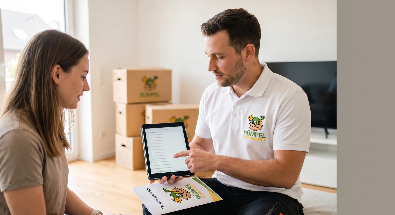 Vor-Ort-Aufnahme mit Tablet-Checkliste und Festpreisangebot für die Wohnungsauflösung in NRW