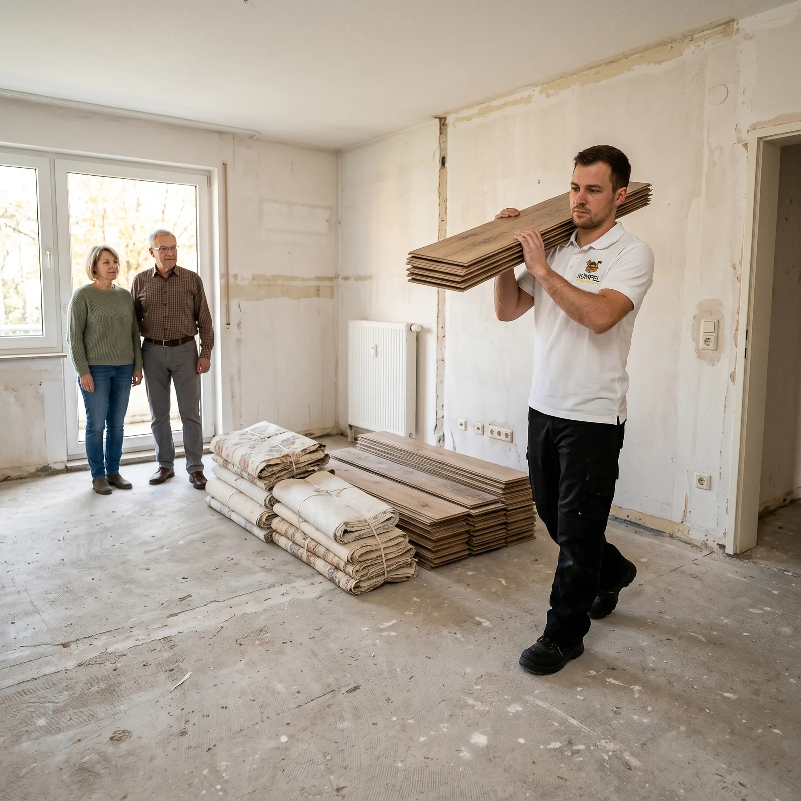 Mitarbeiter trägt Laminat aus der entkernten Wohnung bei der Wohnungsauflösung in NRW