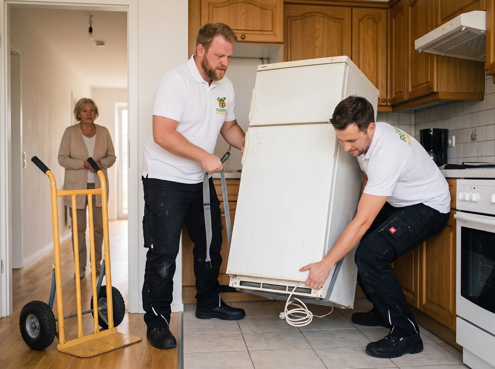 Team trägt einen Kühlschrank aus der Küche bei der Wohnungsauflösung in NRW