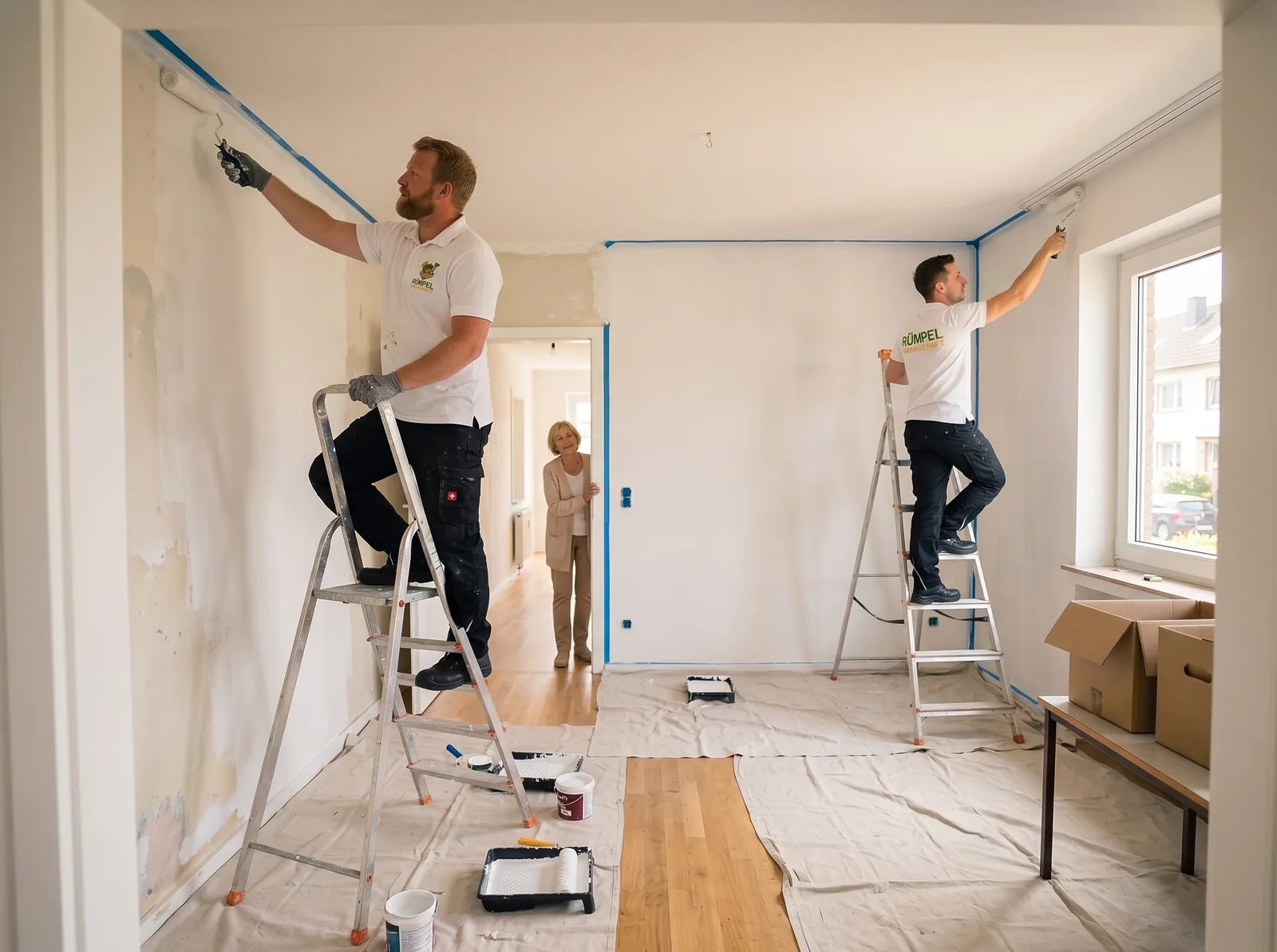 Zwei Mitarbeiter streichen die Wände nach der Wohnungsauflösung in NRW