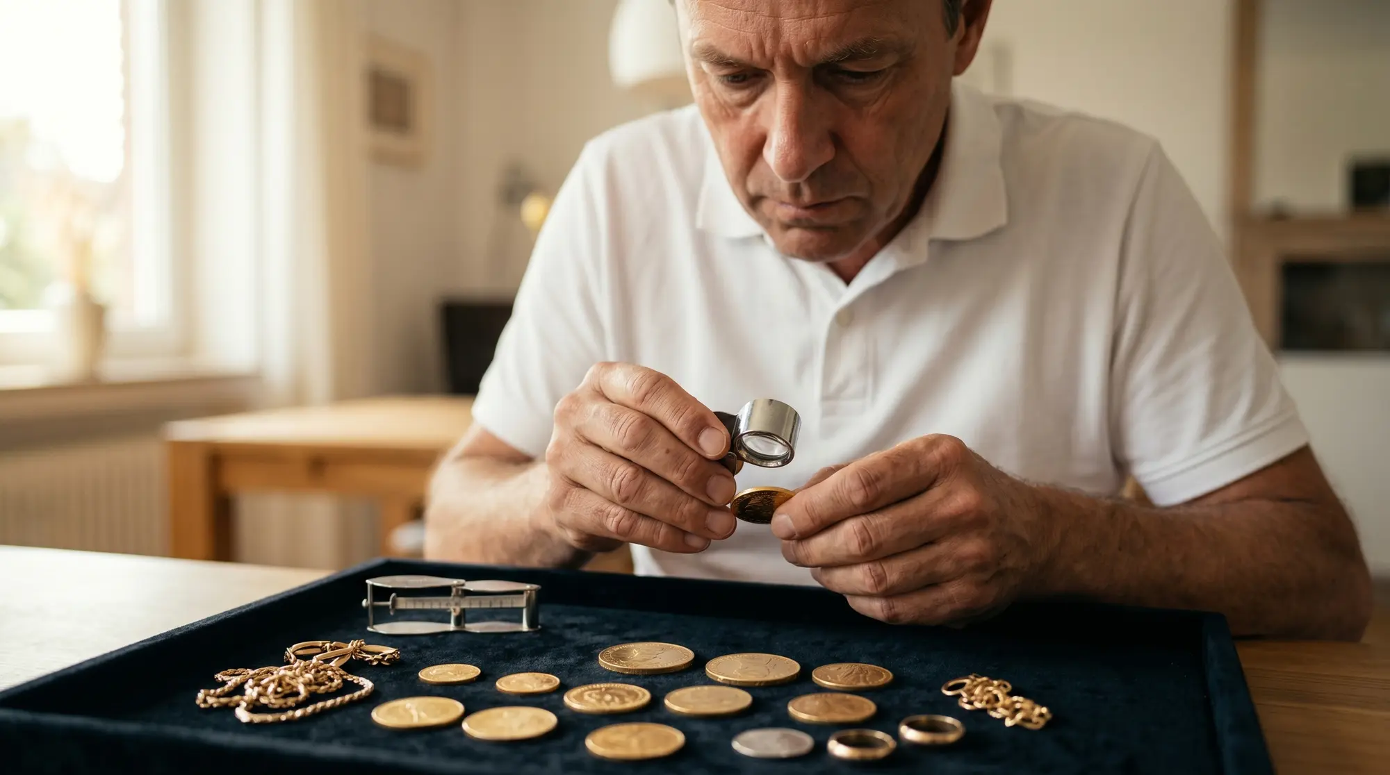 Experte bewertet Goldmünzen und Edelmetall mit der Lupe