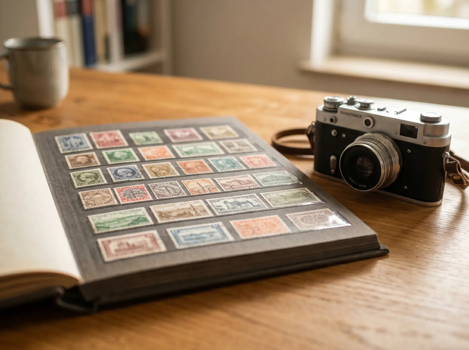 Briefmarkenalbum und Vintage-Kamera