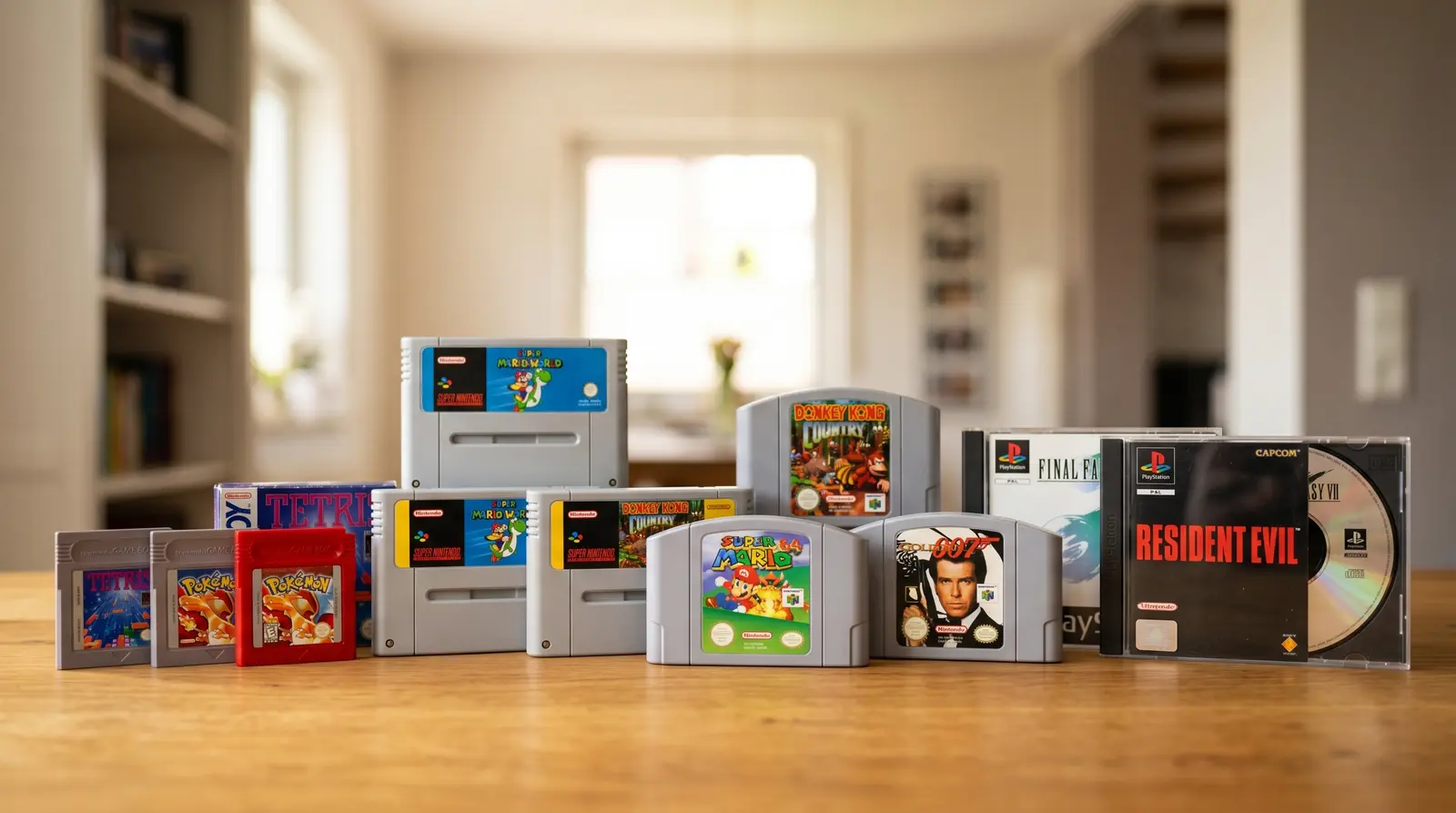 Originalverpackte Spiele und Module einer Retro-Sammlung