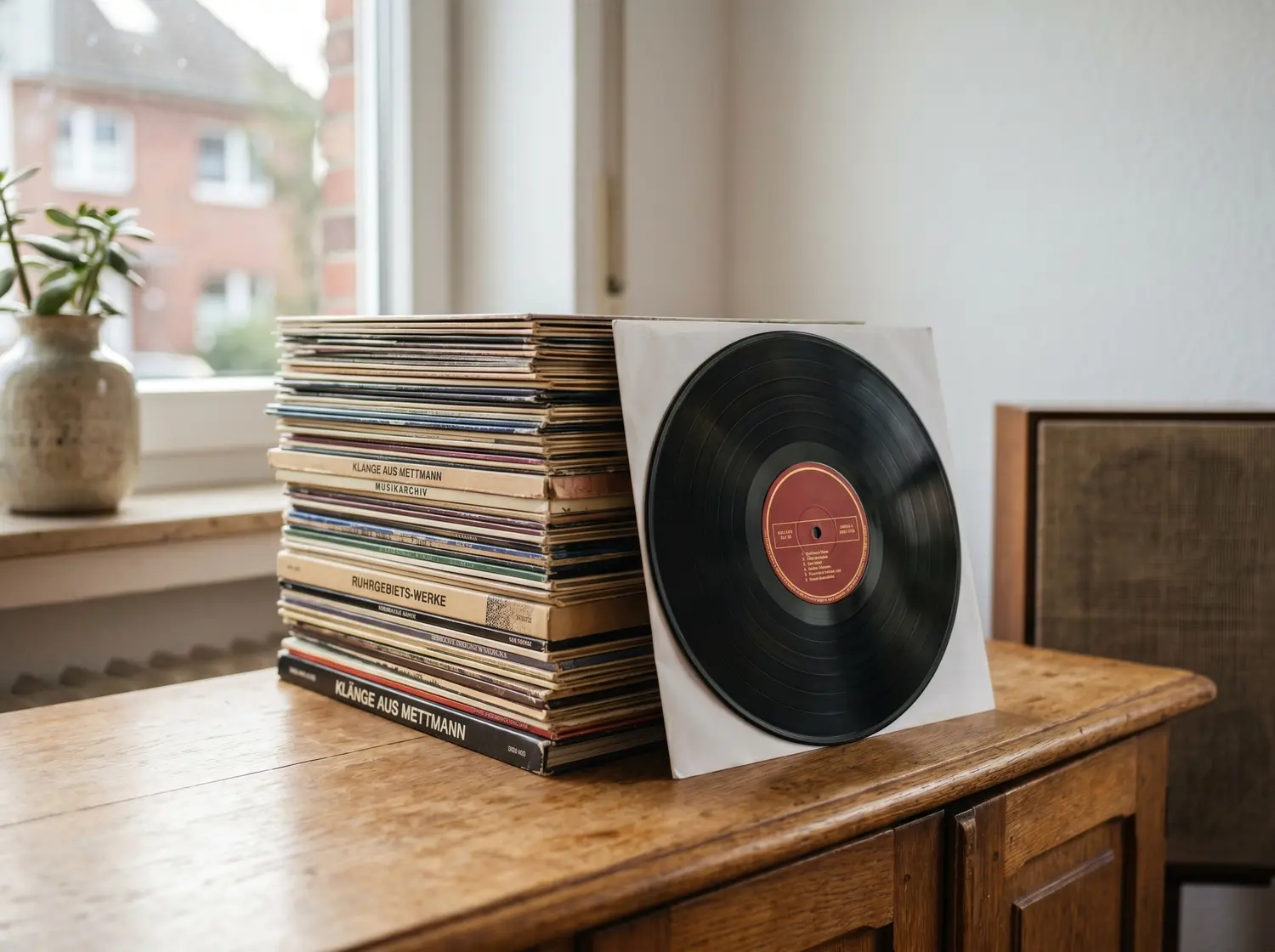 Schallplatten und Vinyl-Stapel zum Ankauf