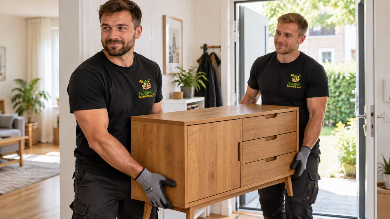 Zwei Mitarbeiter mit schwarzen RM-Shirts tragen ein Möbelstück, KI-generiertes Symbolbild
