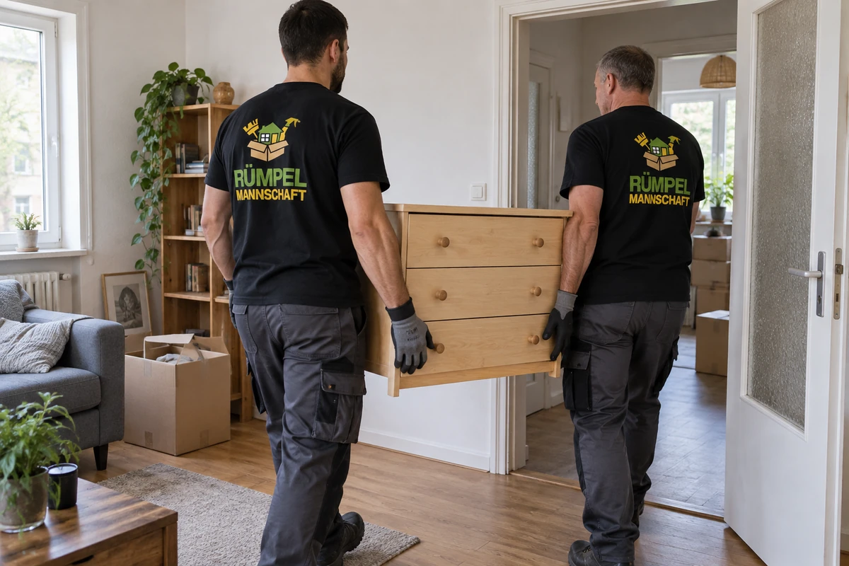 Zwei Mitarbeiter tragen eine Kommode bei einer Wohnungsauflösung in Hürth, KI-generiertes Symbolbild