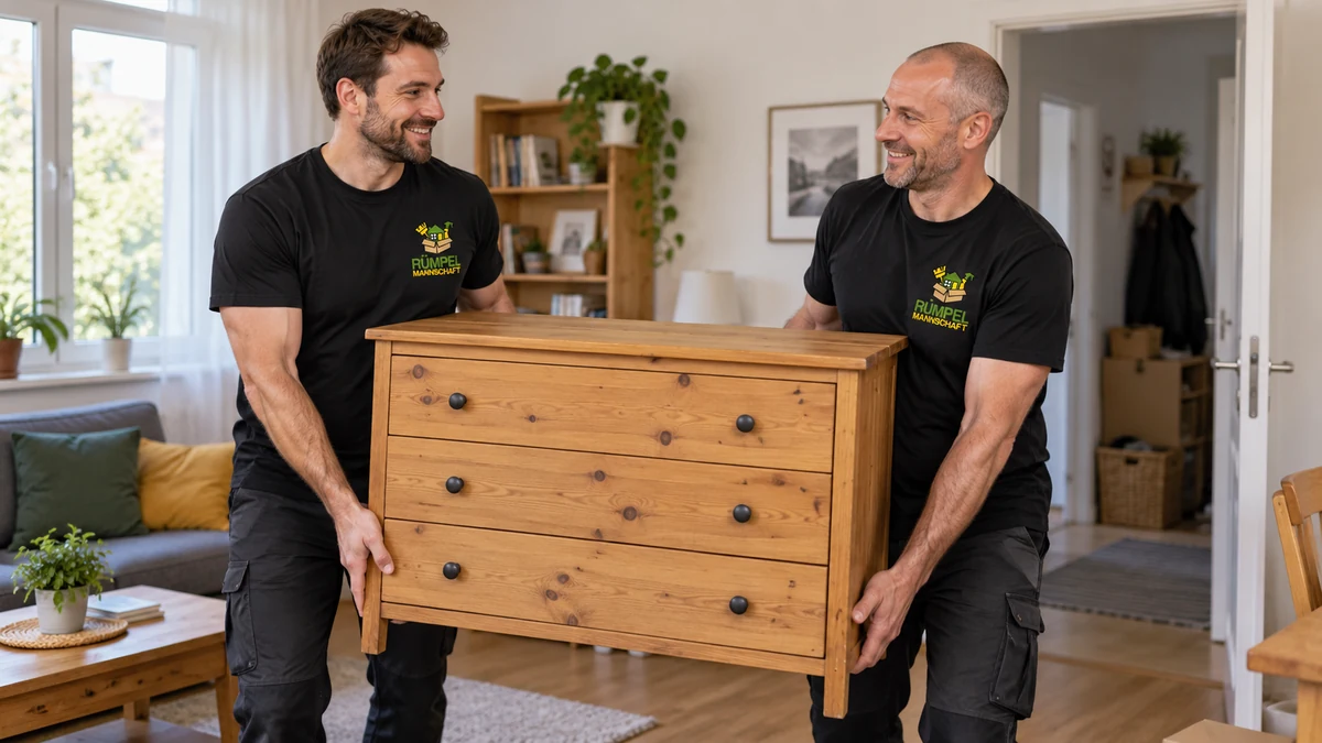 Zwei Mitarbeiter in schwarzen Rümpelmannschaft-Shirts tragen eine Kommode. KI-generiertes Symbolbild.