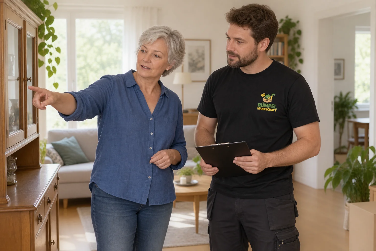KI-Symbolbild: Kundin und Mitarbeiter besprechen den Räumumfang im Wohnzimmer., KI-generiertes Symbolbild