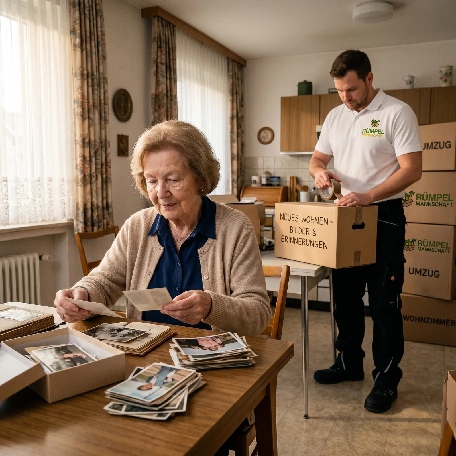 Seniorin sortiert Erinnerungsfotos während der diskreten Haushaltsauflösung in NRW