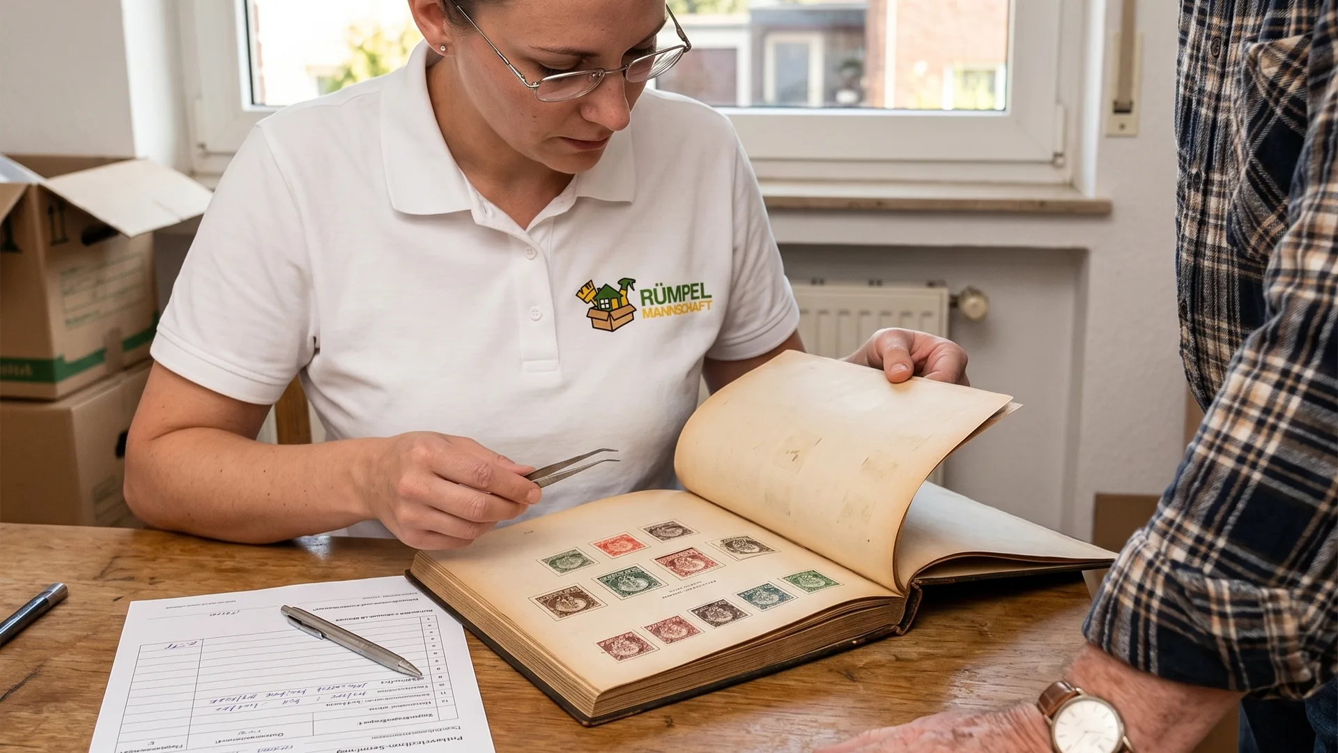 Wertanrechnung Briefmarken-Sammlung mit Pinzette und Bewertungsformular Heinsberg