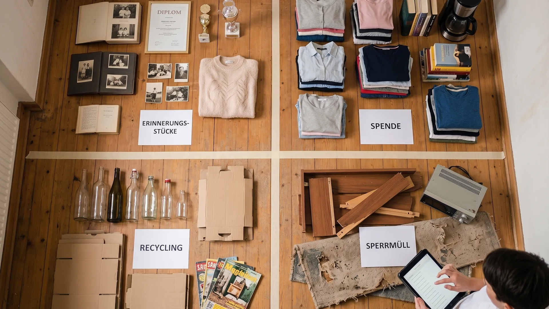 Sortier-Übersicht mit Kategorien Erinnerungsstücke, Spende, Recycling und Sperrmüll bei Entrümpelung Heinsberg