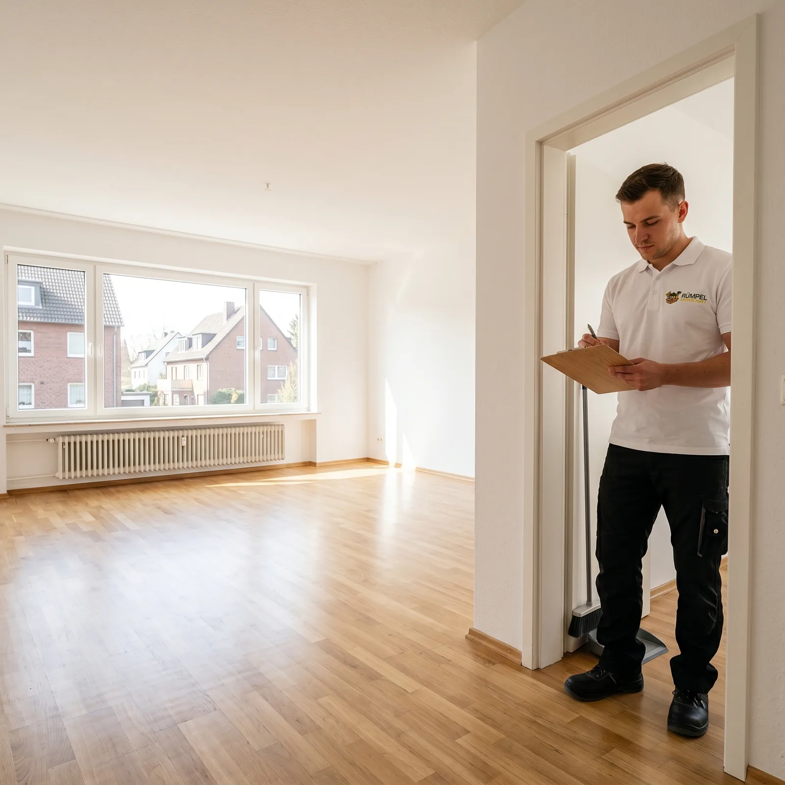 Besenreine Übergabe der leeren Wohnung mit Inspektions-Klemmbrett in Kaarst