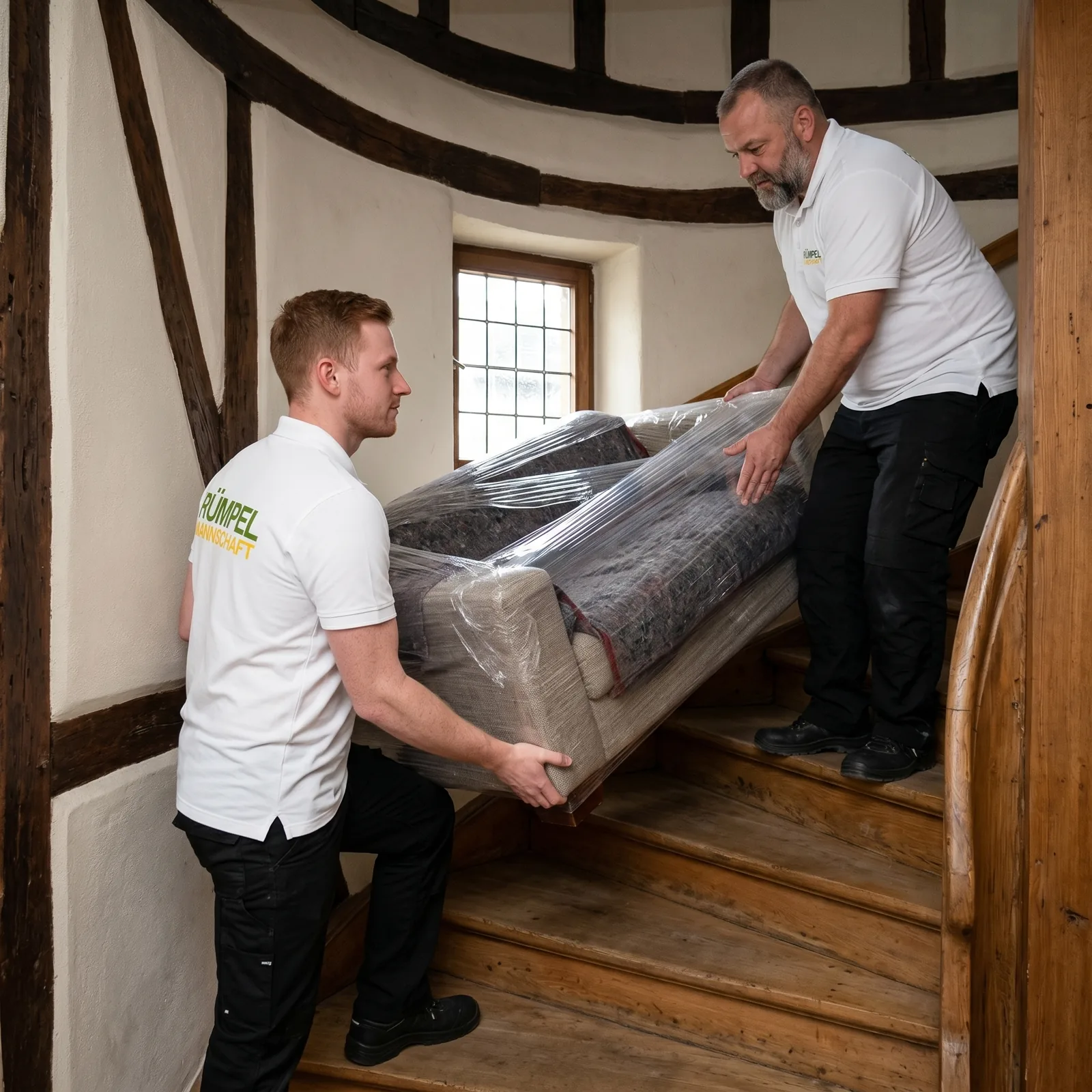 Sicherer Transport schwerer Möbel über die Treppe bei der Entrümpelung in Kerpen