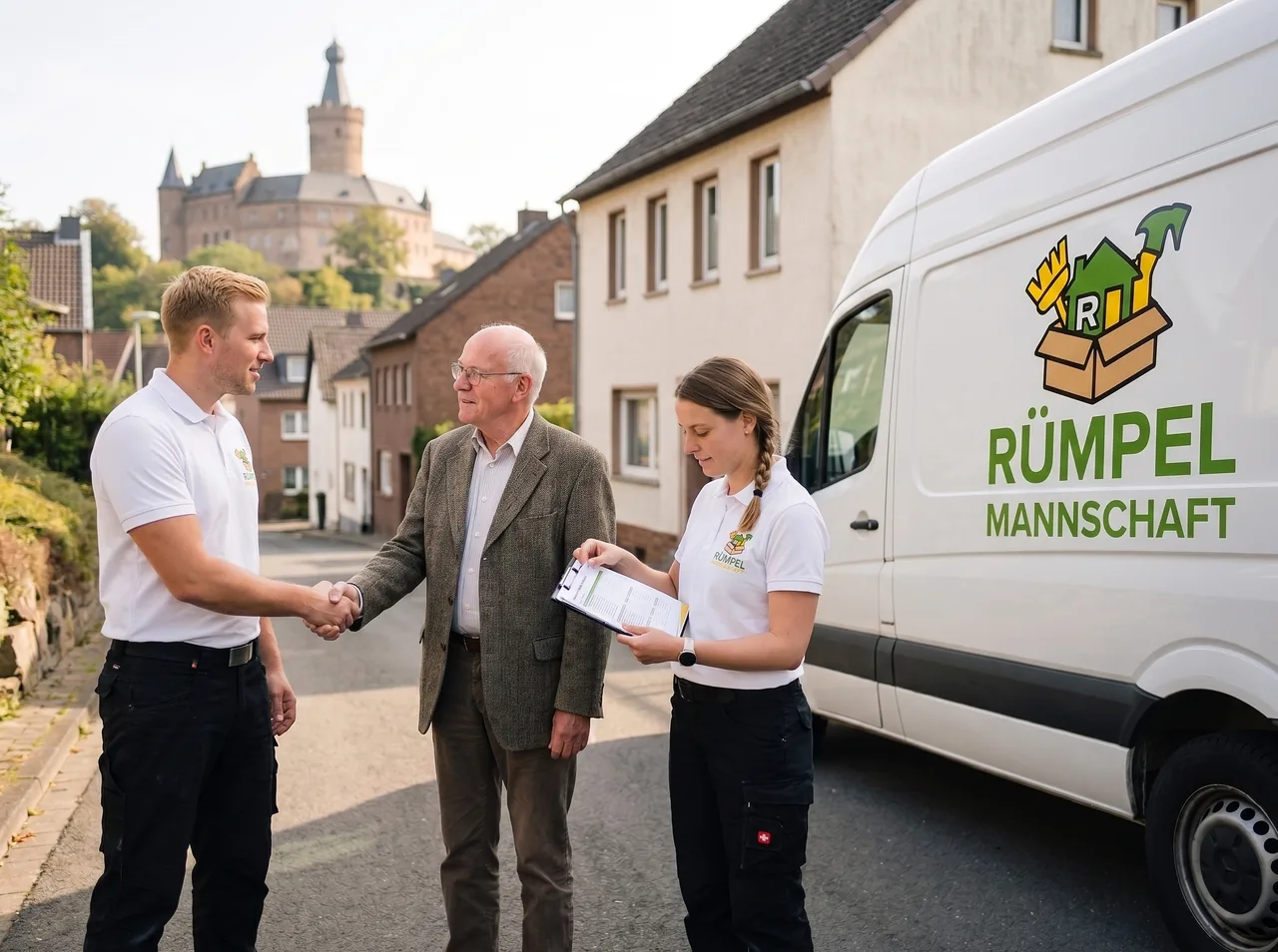 Festpreisangebot per Handschlag vor der Schwanenburg in Kleve