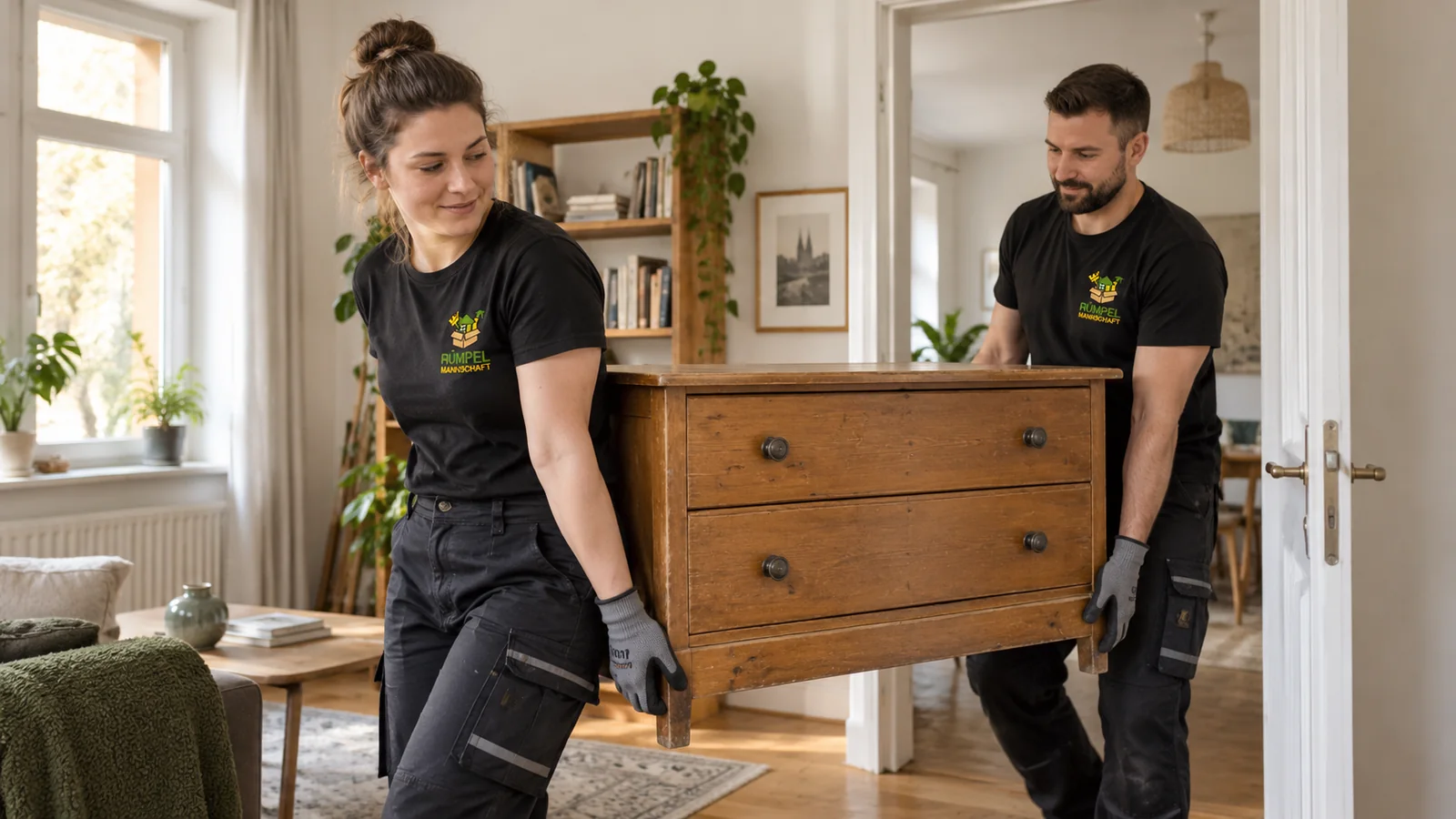 Zwei Mitarbeitende tragen eine Kommode aus einer Wohnung, KI-generiertes Symbolbild