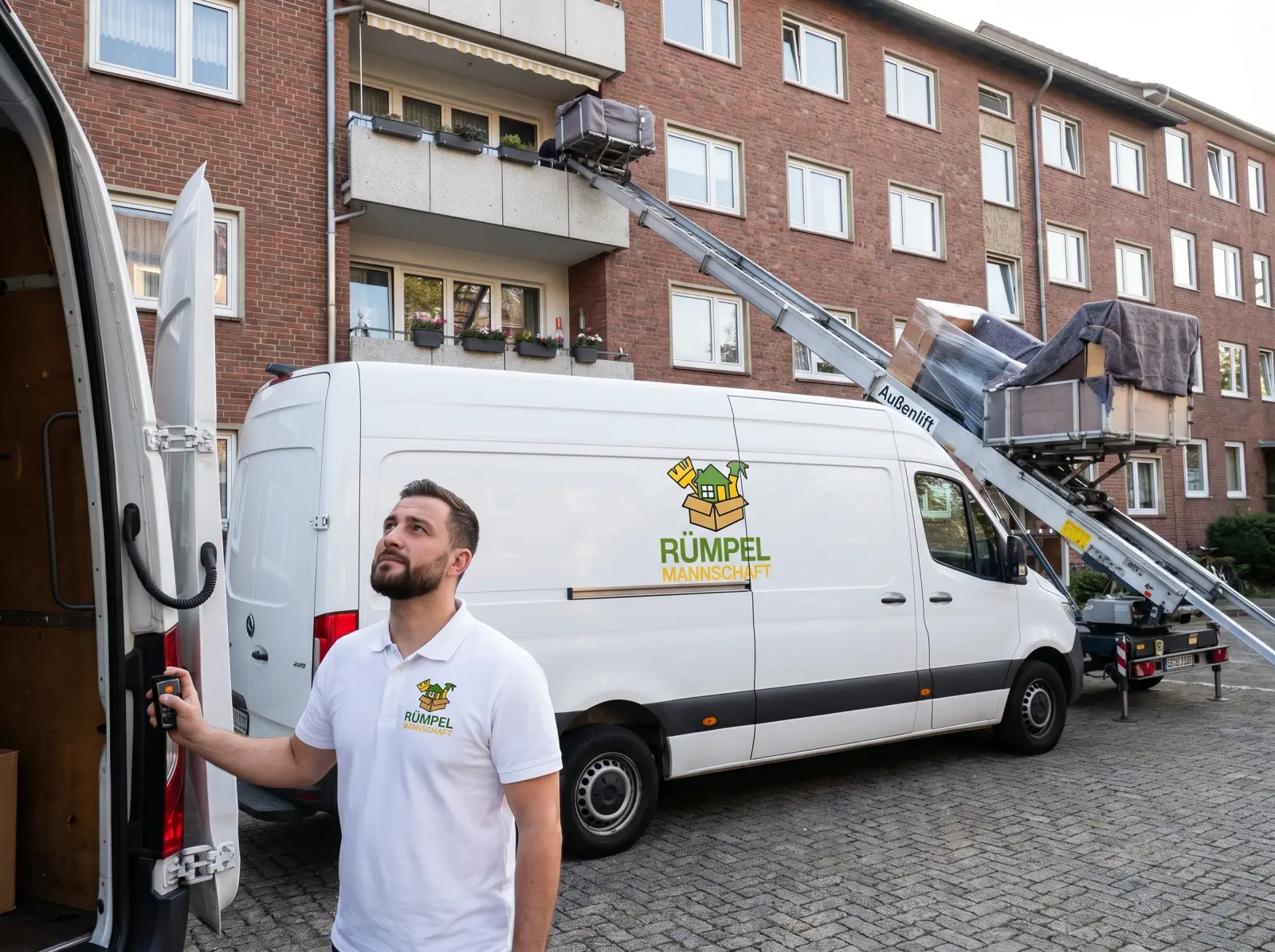 Rümpelmannschaft-Sprinter mit komplettem Logo (Icon + Wortmarke) und Außenlift an Mehrfamilienhaus-Balkon in Neuss — Mover scharf im Vordergrund
