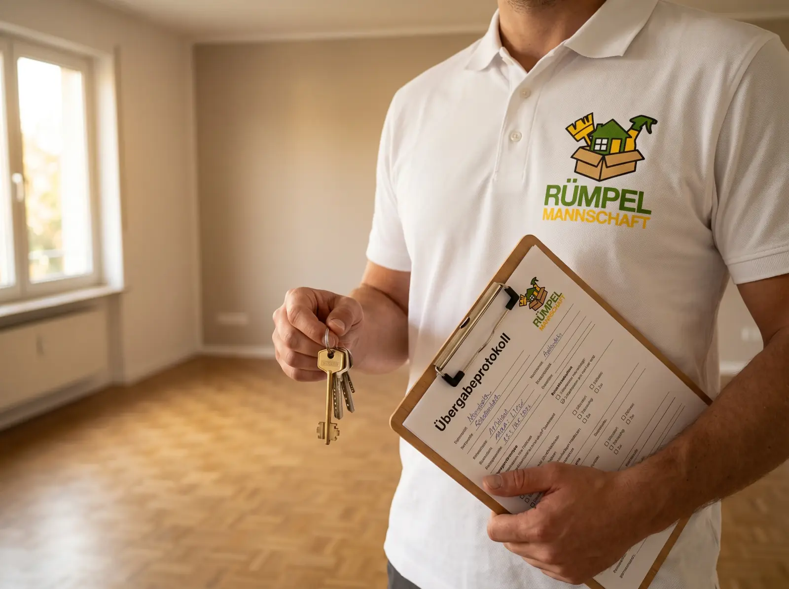 Rümpelmannschaft-Mitarbeiter mit Übergabeprotokoll und Schlüsseln in besenrein übergebenem Wohnraum in Neuss