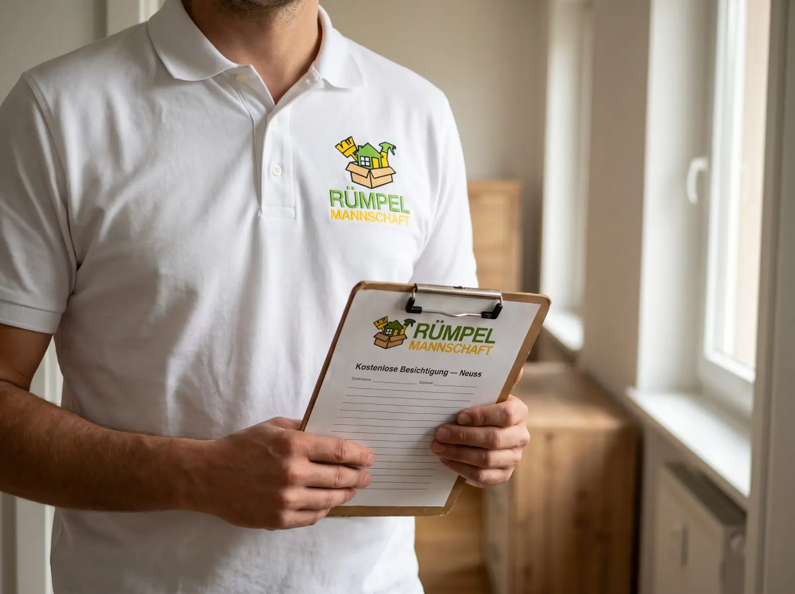 Rümpelmannschaft-Mitarbeiter mit Logo-Polo + Klemmbrett im Hausflur — Kostenlose Besichtigung in Neuss