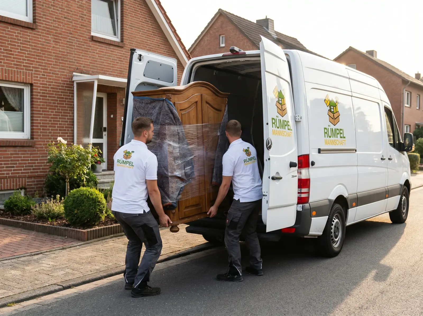 Zweiköpfiges Rümpelmannschaft-Team trägt antiken Eichenholz-Schrank in Sprinter-Van vor Einfamilienhaus in Neuss