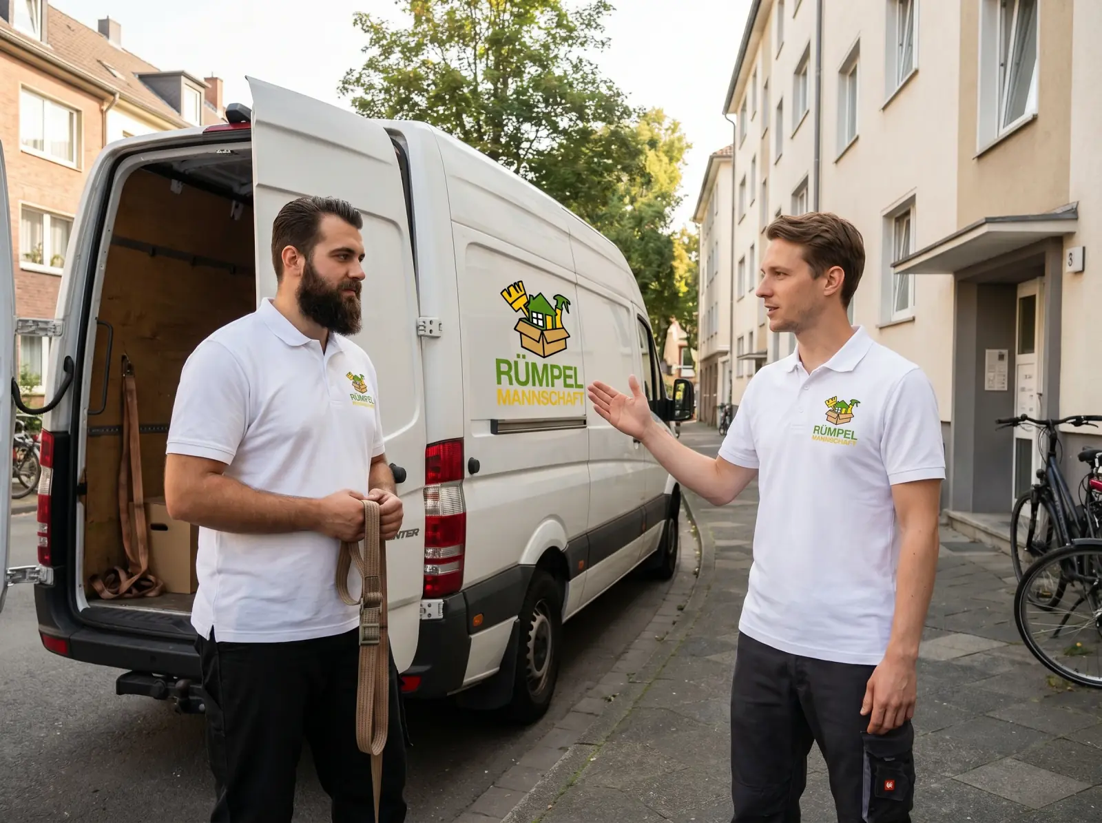 Zweiköpfiges Rümpelmannschaft-Team mit zwei visuell unterschiedlichen Movers (bärtiger Mover mit Lade-Strap am offenen Sprinter-Heck + clean-shaven Mover mit Hand-Gestik) — komplettes Logo (Icon + Wortmarke 2-zeilig) auf Van Side-Panel + beiden Polos, urbane Neusser Straße