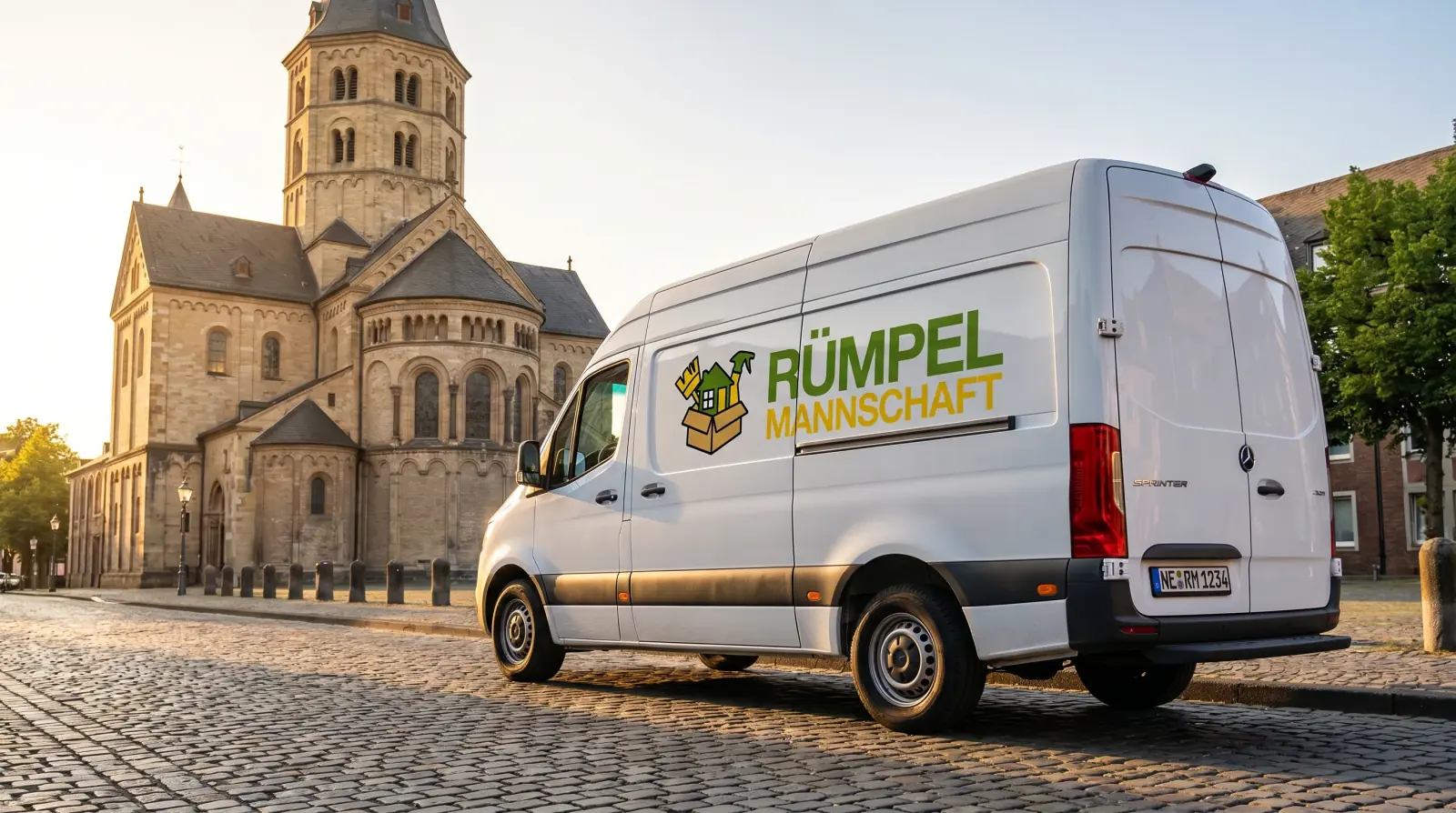 Rümpelmannschaft-Sprinter mit Logo vor dem Quirinus-Münster in Neuss — Einsatzgebiet im Rhein-Kreis Neuss