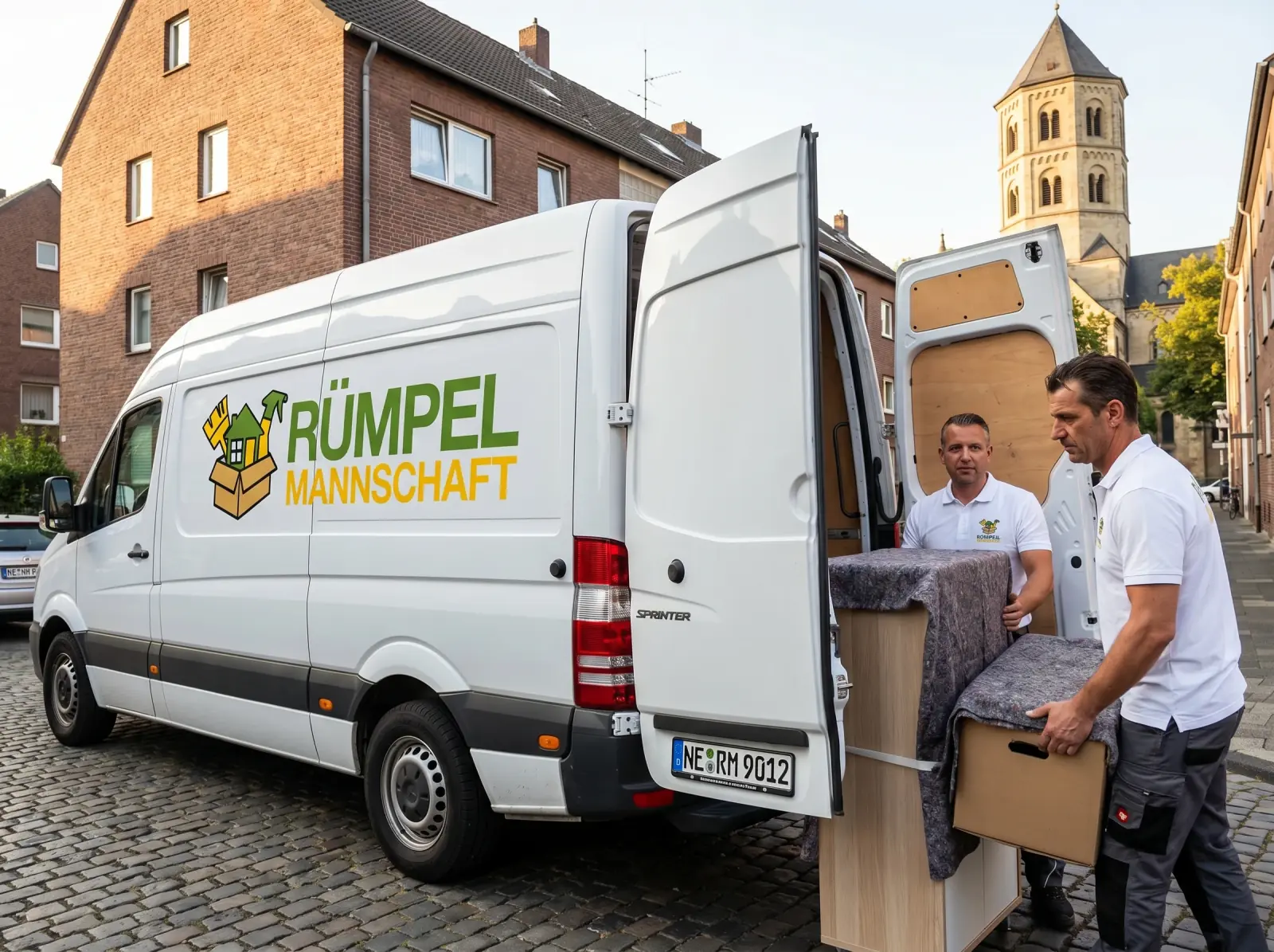Rümpelmannschaft-Sprinter (NE-RM 9012) mit komplettem Logo + Team beim Möbel-Beladen vor Mehrfamilienhaus in Neuss — Quirinus-Münster-Tower im Hintergrund, scharfe authentische Gesichter