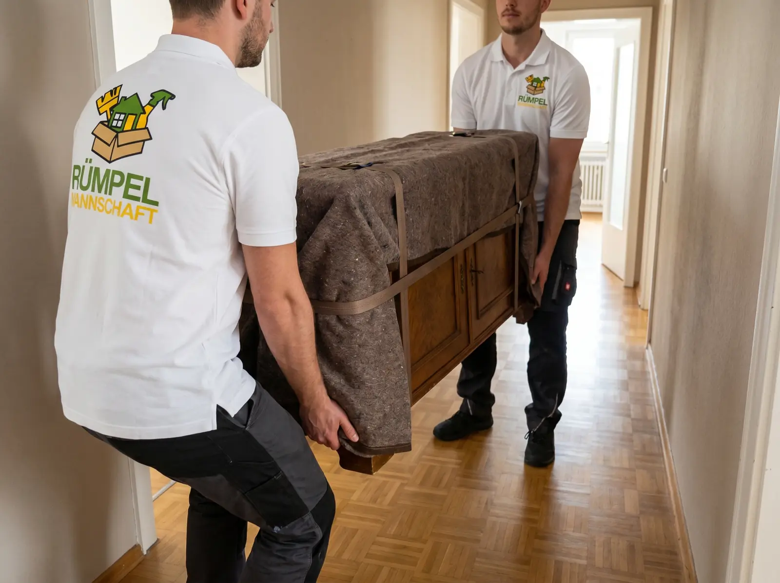 Zweiköpfiges Rümpelmannschaft-Team mit Logo-Polos trägt einen verpackten Antik-Schrank durch einen Wohnungsflur in Neuss — Profi-Möbeltransport