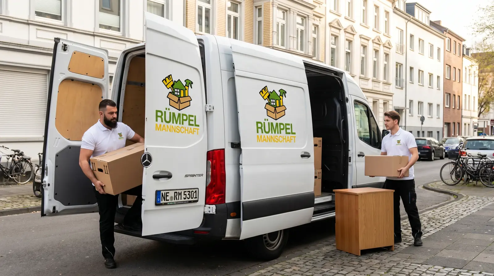 Vollbeladener Rümpelmannschaft-Transporter bei Entrümpelung in Neuss — bereit für den Abtransport