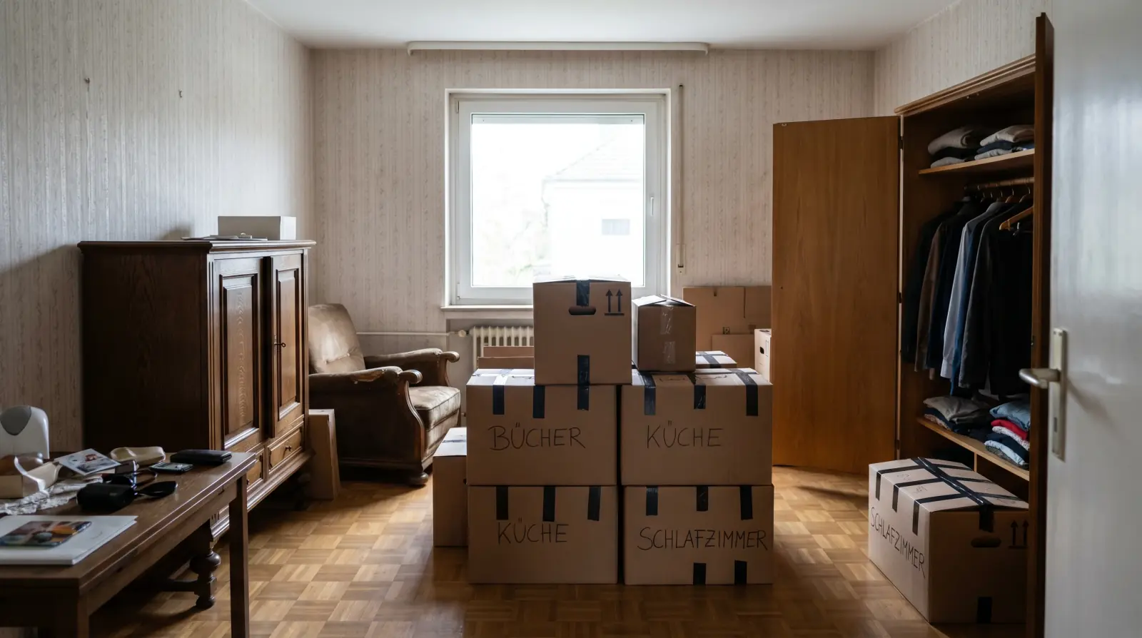 Haushaltsauflösung in Neuss — sortierte Umzugskartons und Möbel einer Wohnung in der Sortierphase