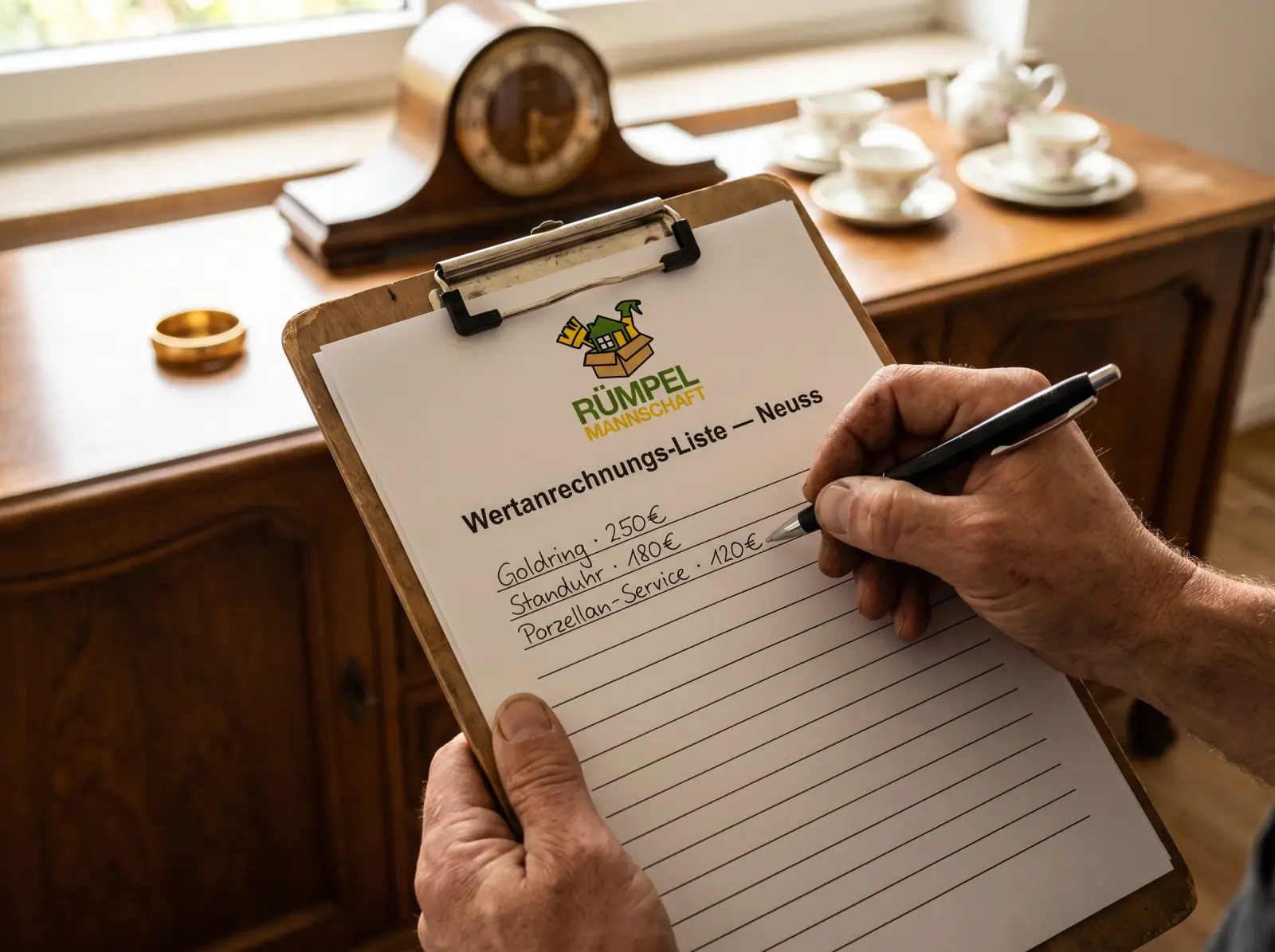 Klemmbrett mit Wertanrechnungs-Liste Neuss — Goldring, Standuhr, Porzellan-Service vor Antik-Sideboard
