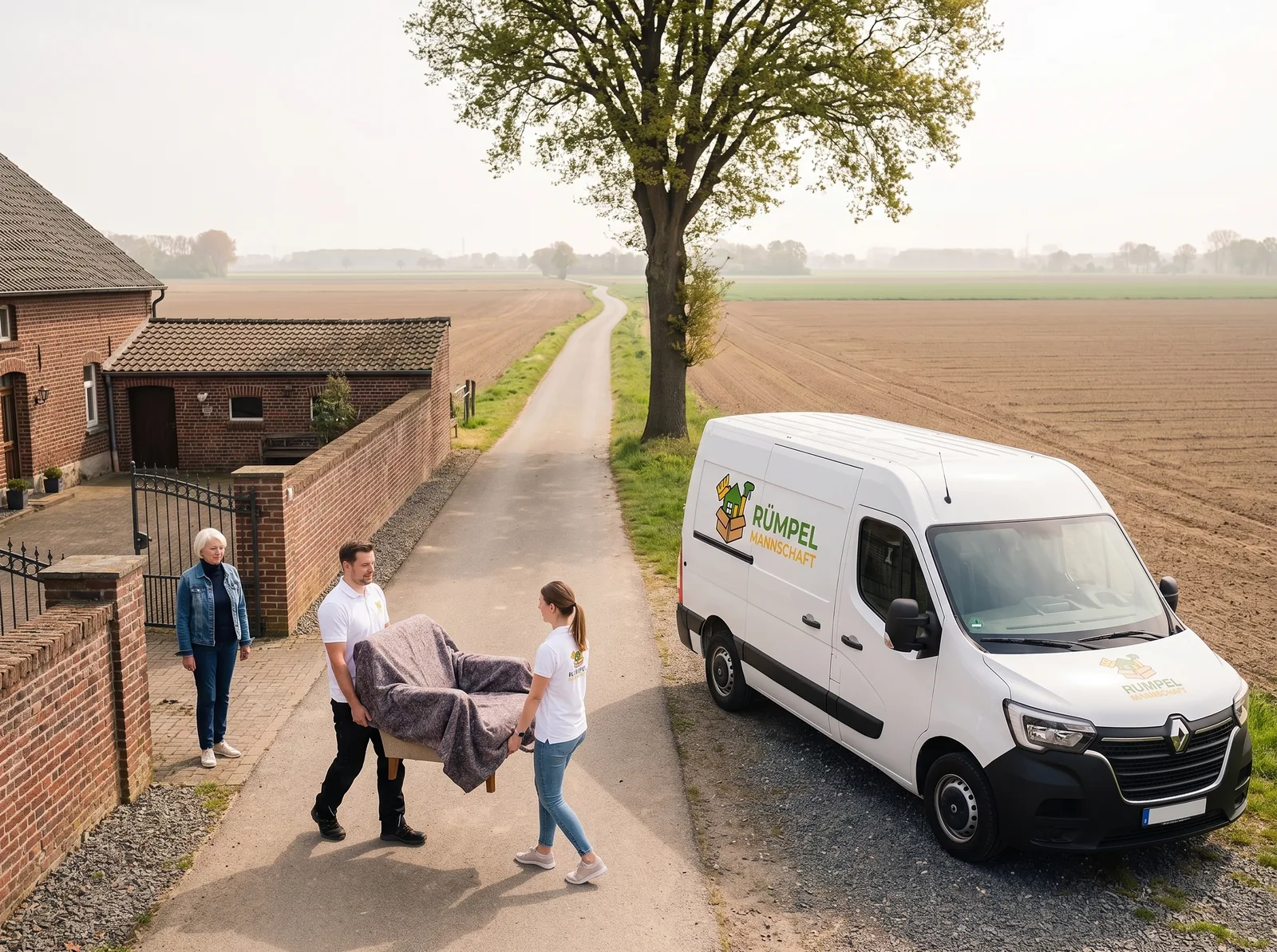Eigener Transporter der Rümpelmannschaft auf der Landstraße zu einem Hof bei Rommerskirchen