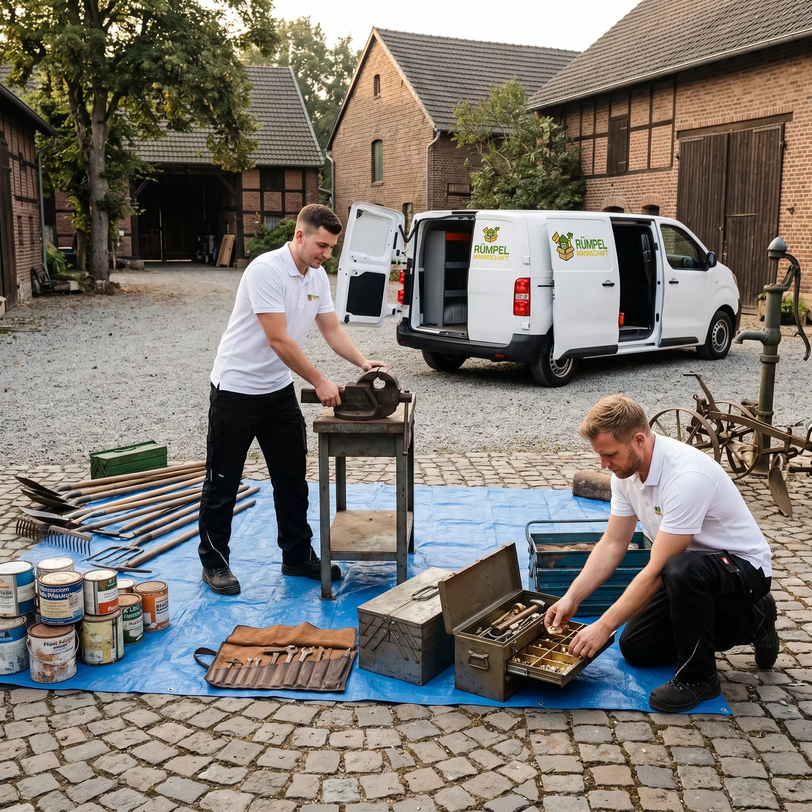Outdoor-Abtransport beladener Transporter bei einer Hof-Entrümpelung in Rommerskirchen