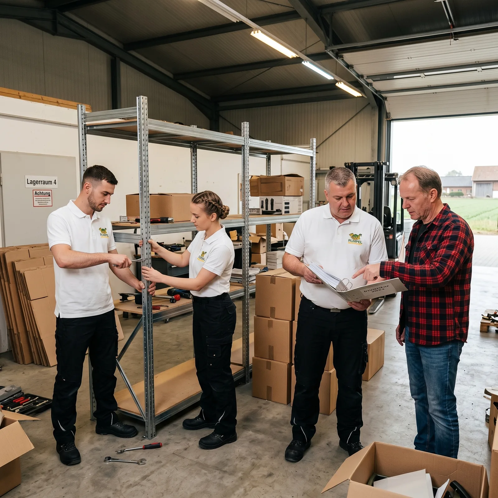 Festpreis-Beratung mit Team und Kunde in einer Lagerhalle für eine Betriebsauflösung in Rommerskirchen
