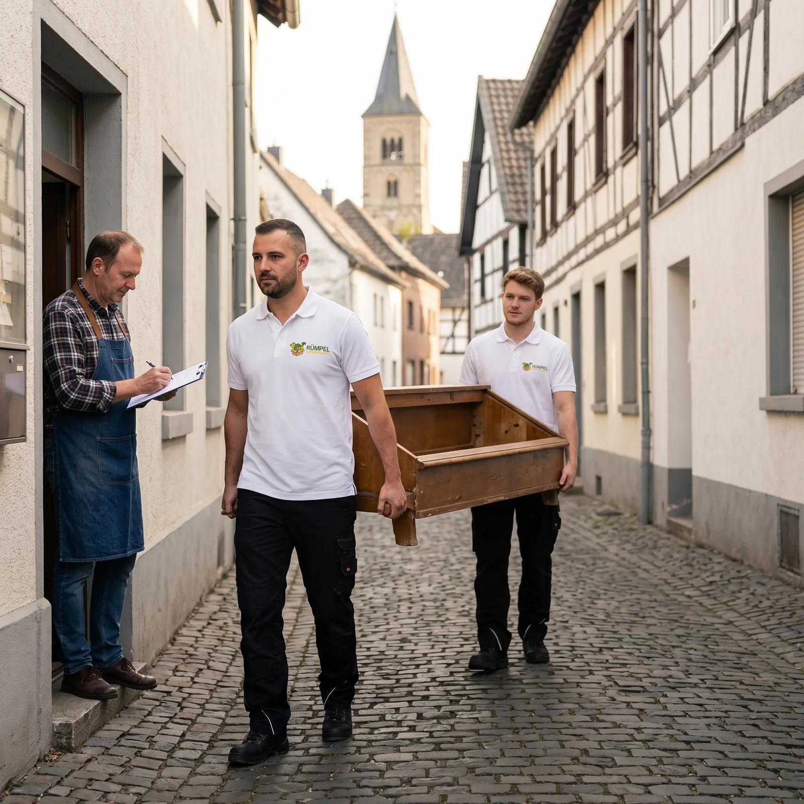 Lokale Expertise: Team mit Karton vor Häusern und Kirche in Rommerskirchen
