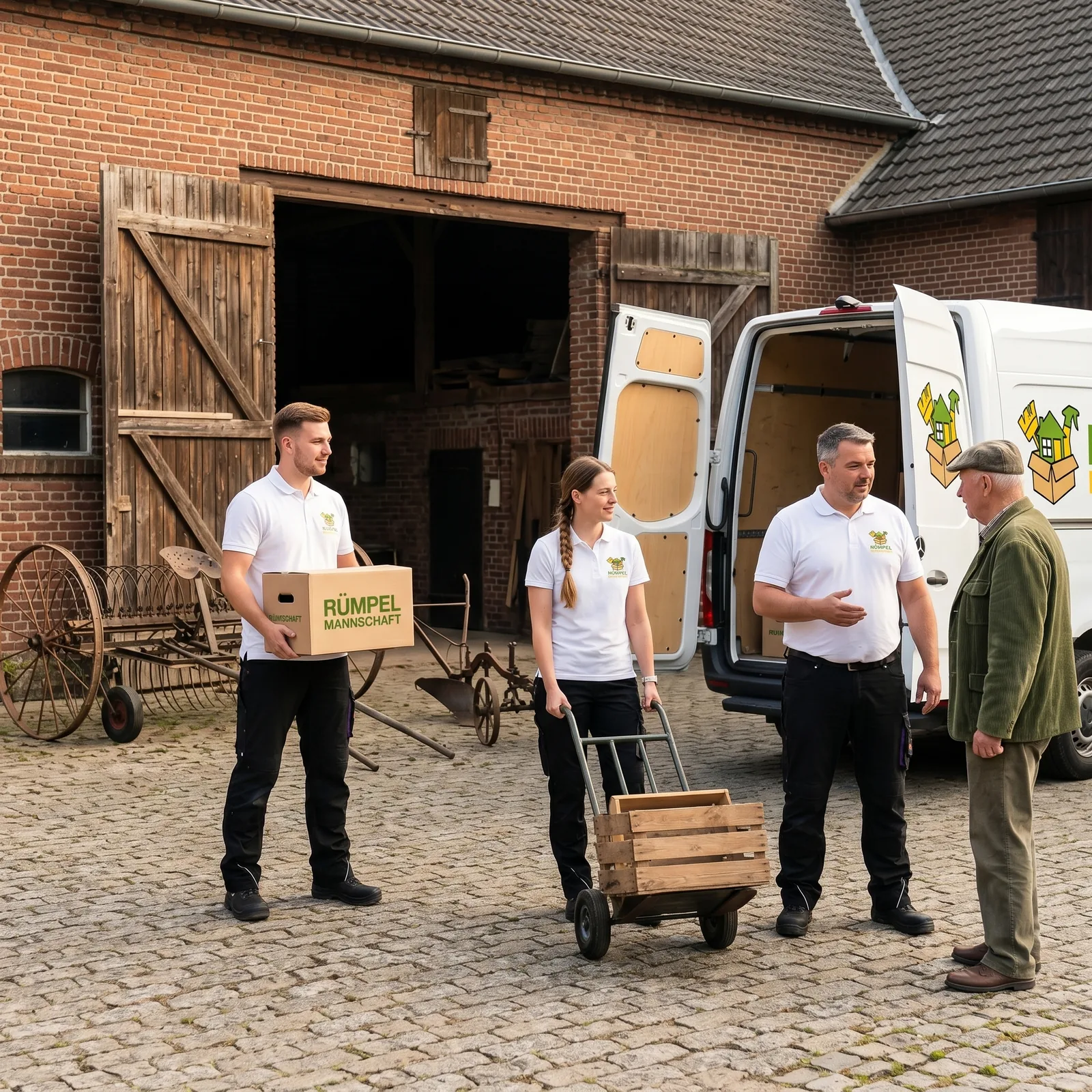 Räumungsteam mit Karton vor einem Bauernhof in Rommerskirchen